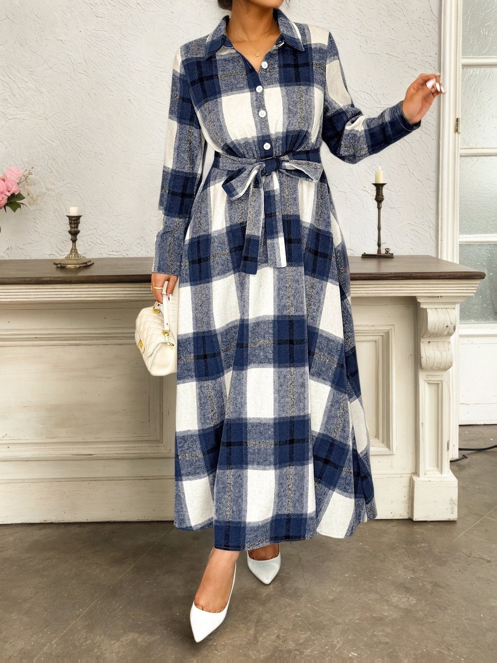 Plus Size - Plus Size Women'S Polo Collar Waist-Cinched Plaid Long Sleeve Midi Dress | Casual Fit and Flare Silhouette, Non-Stretch Fabric, Ideal for Spring/Fall
