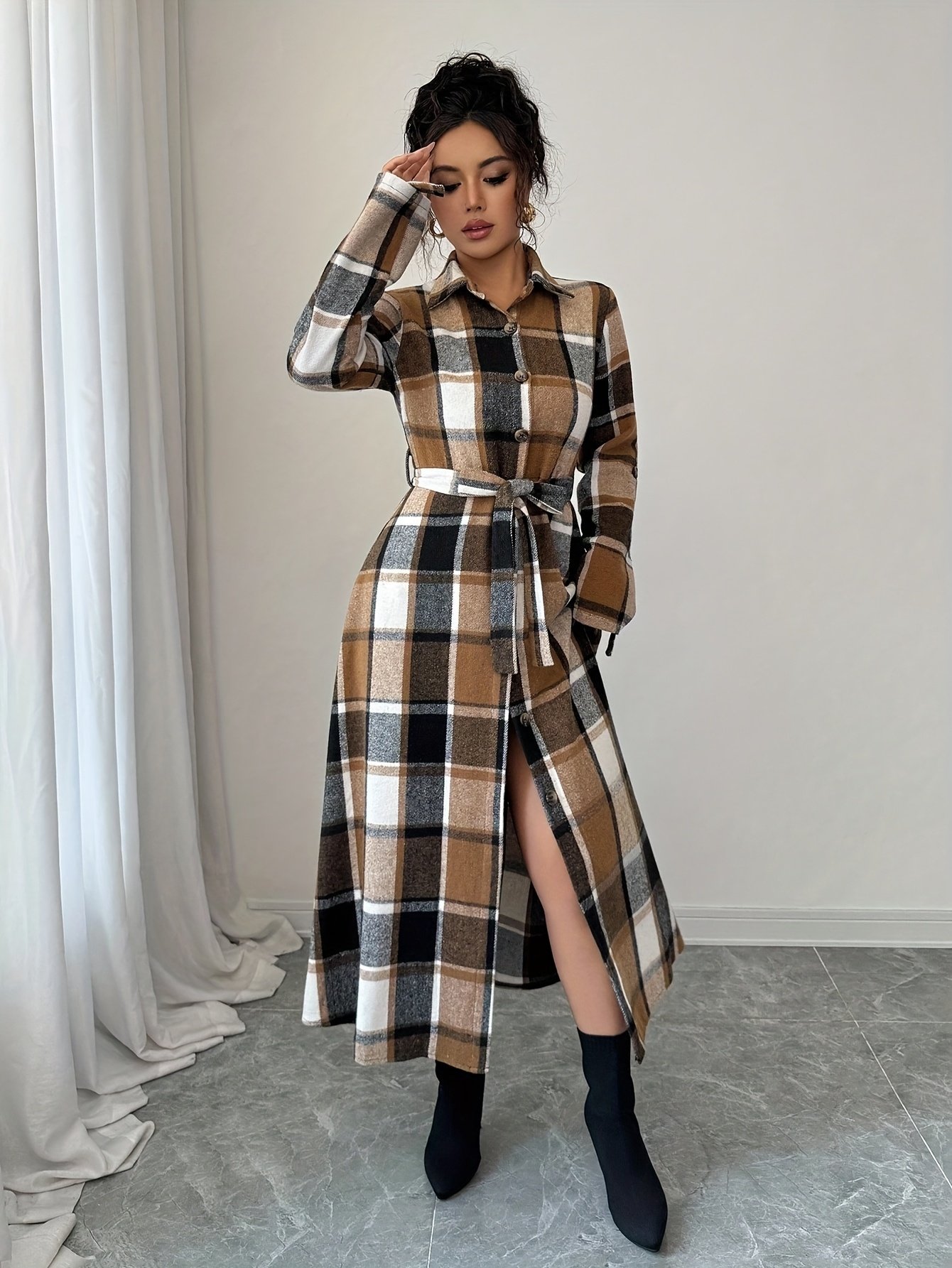 New Autumn Winter Spring Plaid Print Vacation Style Elegant Casual Versatile Commuter Long Sleeve Shirt Dress - Image 6