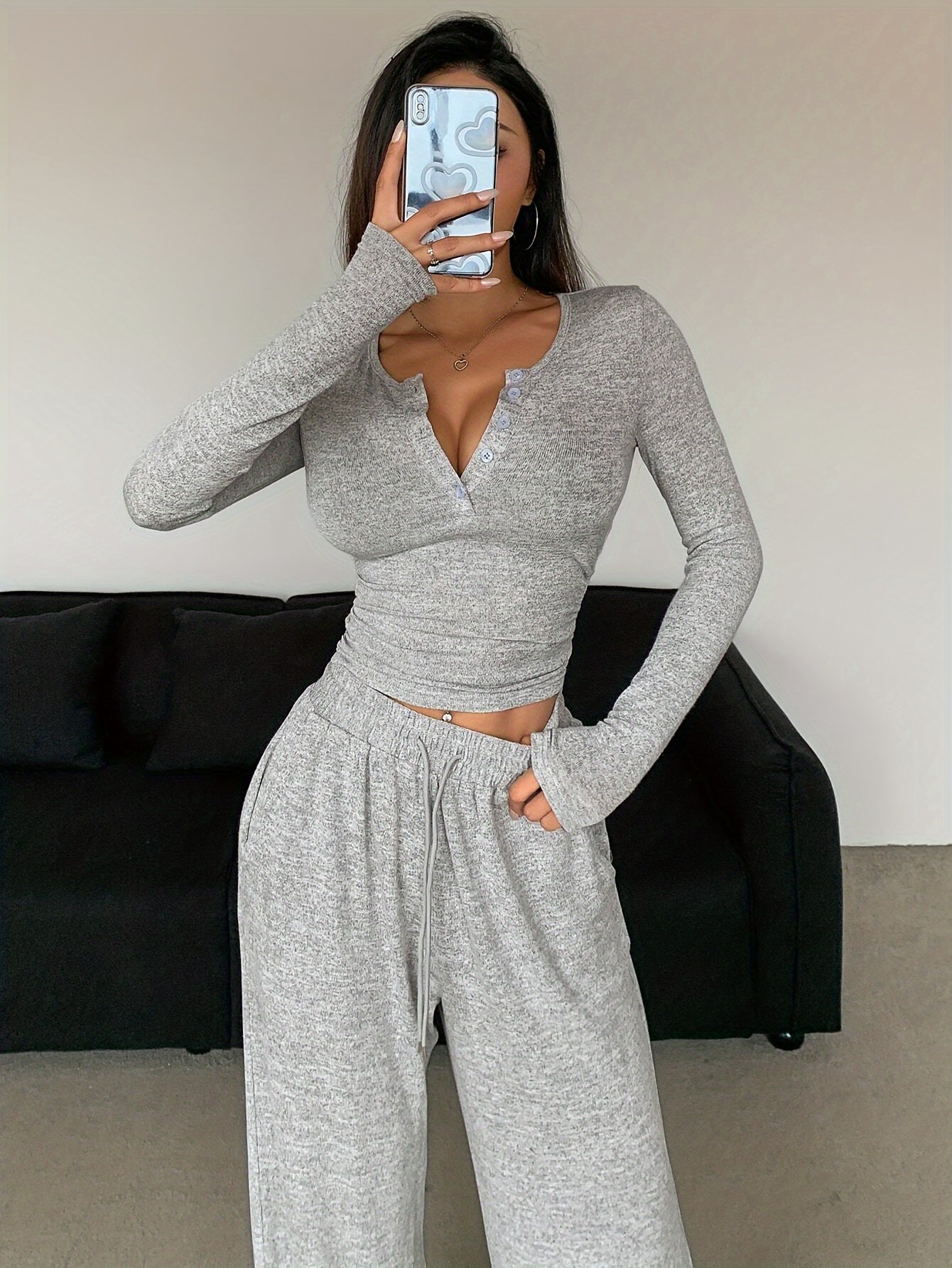 2pcs Women's Spring/Autumn/Winter Long Sleeve Long Pants Open Front Pajama Set - Image 7