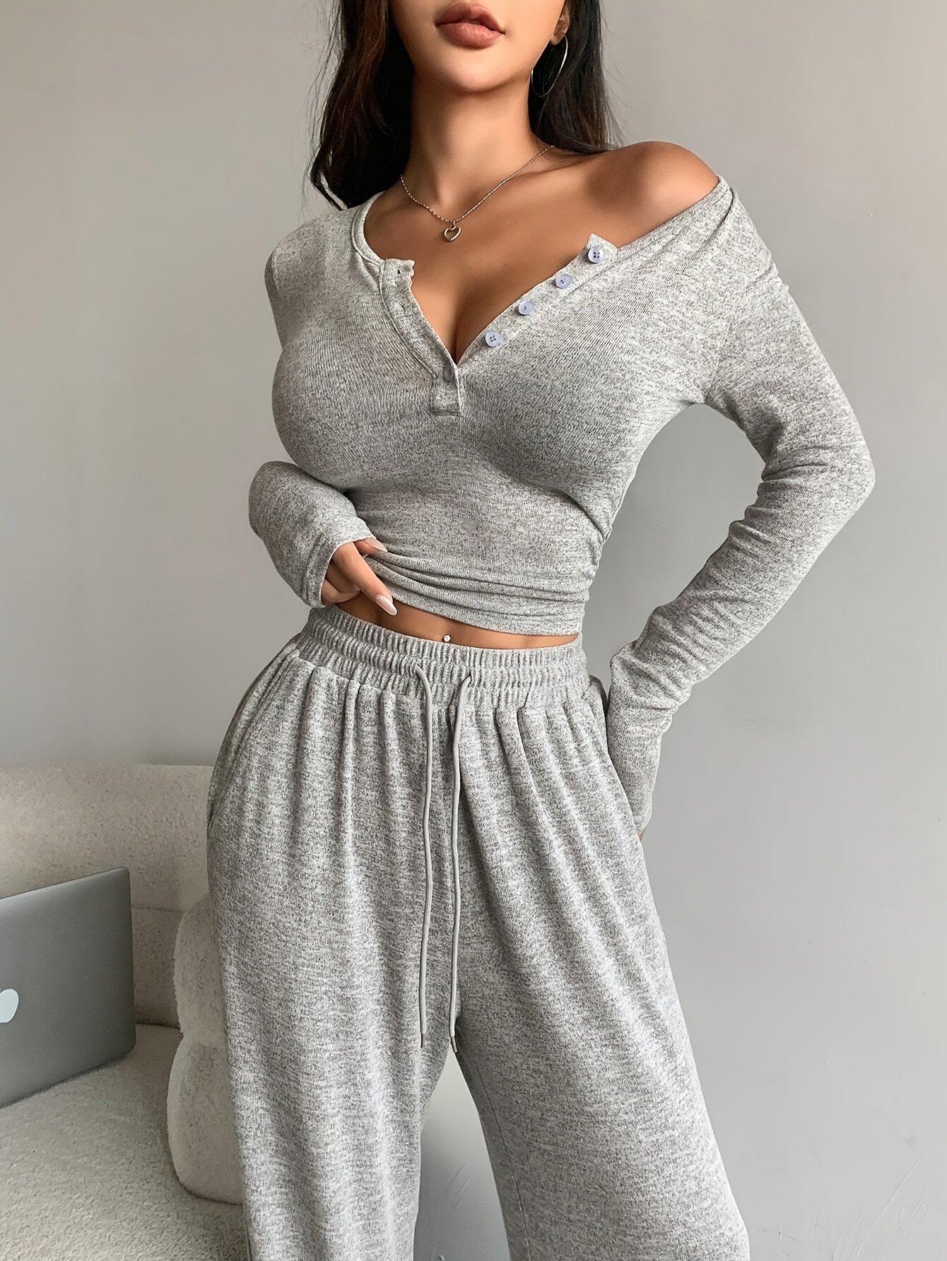 2pcs Women's Spring/Autumn/Winter Long Sleeve Long Pants Open Front Pajama Set - Image 2