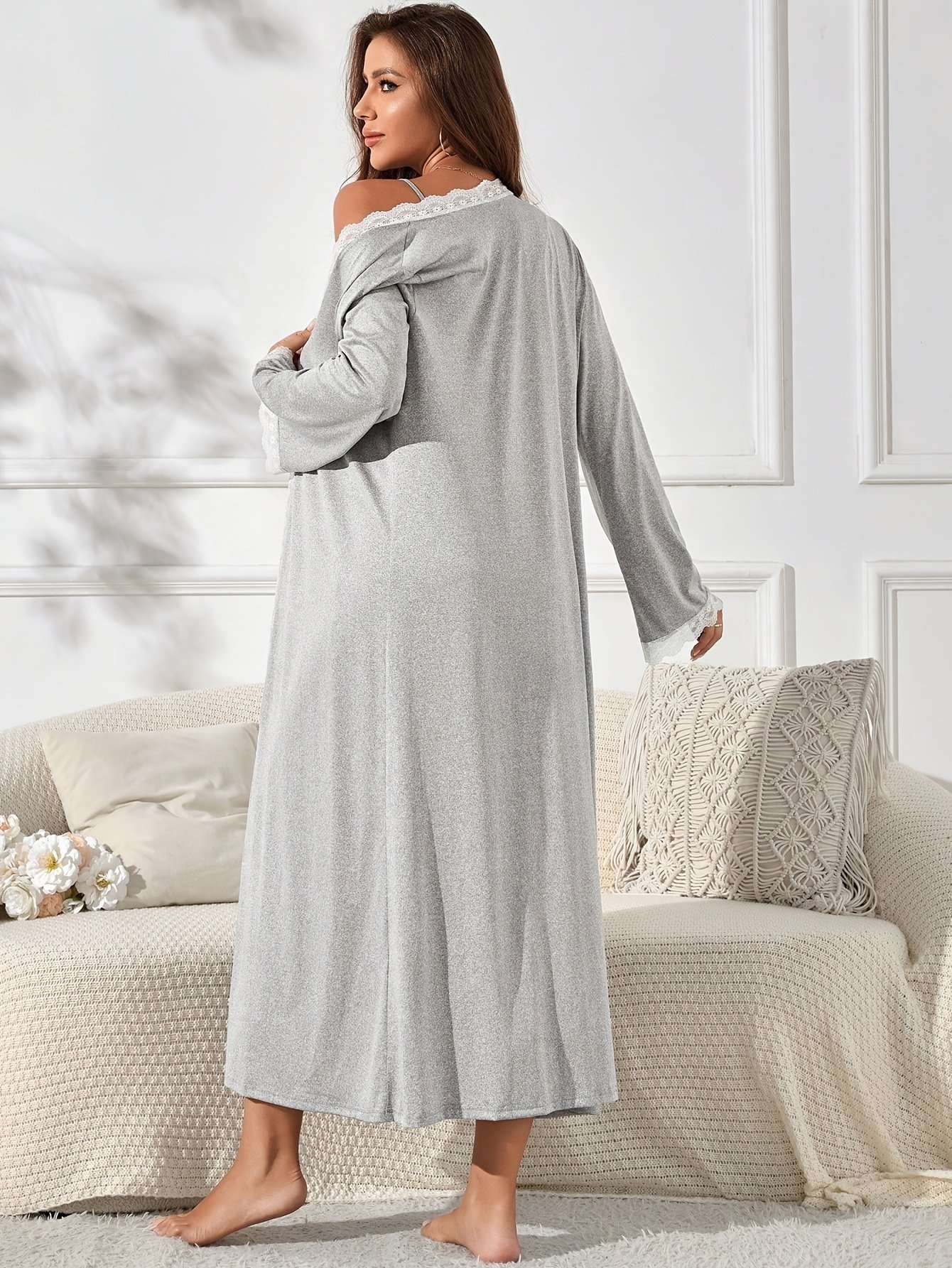 Elegant Solid Color Lace Panel Robe with Belt + Camisole Loungewear Set - Image 4
