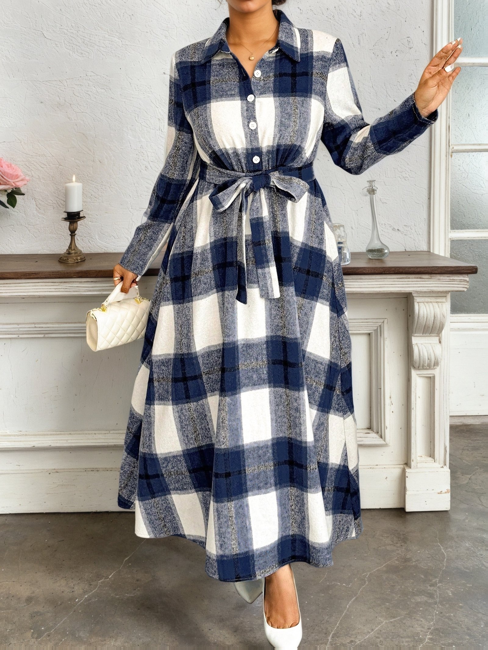 Plus Size - Plus Size Women'S Polo Collar Waist-Cinched Plaid Long Sleeve Midi Dress | Casual Fit and Flare Silhouette, Non-Stretch Fabric, Ideal for Spring/Fall - Image 4