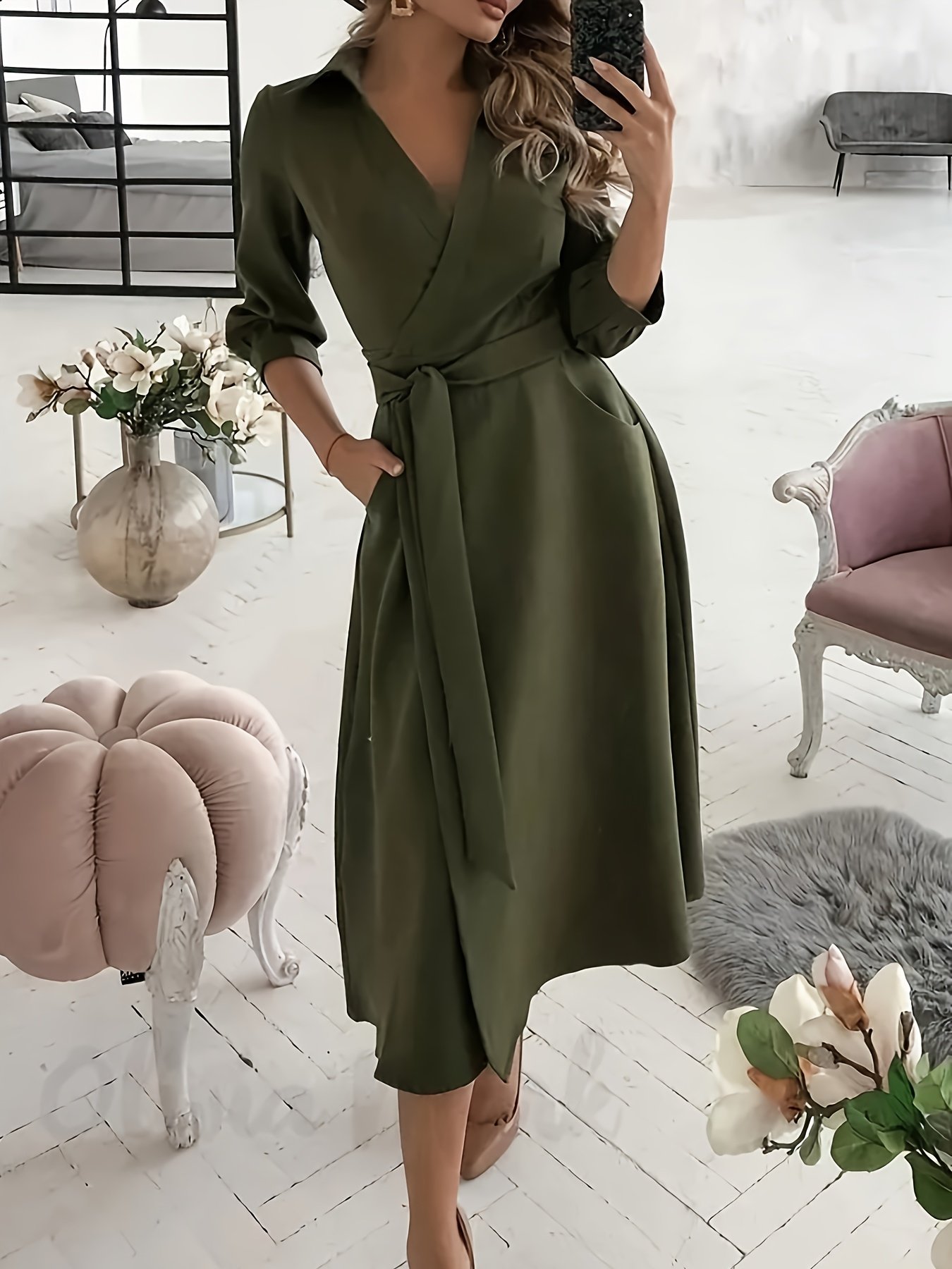 Elegant Women'S A-Line Dress with Three-Quarter Sleeves And a Lapel Collar - Image 8