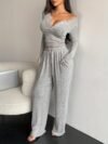 2pcs Women's Spring/Autumn/Winter Long Sleeve Long Pants Open Front Pajama Set
