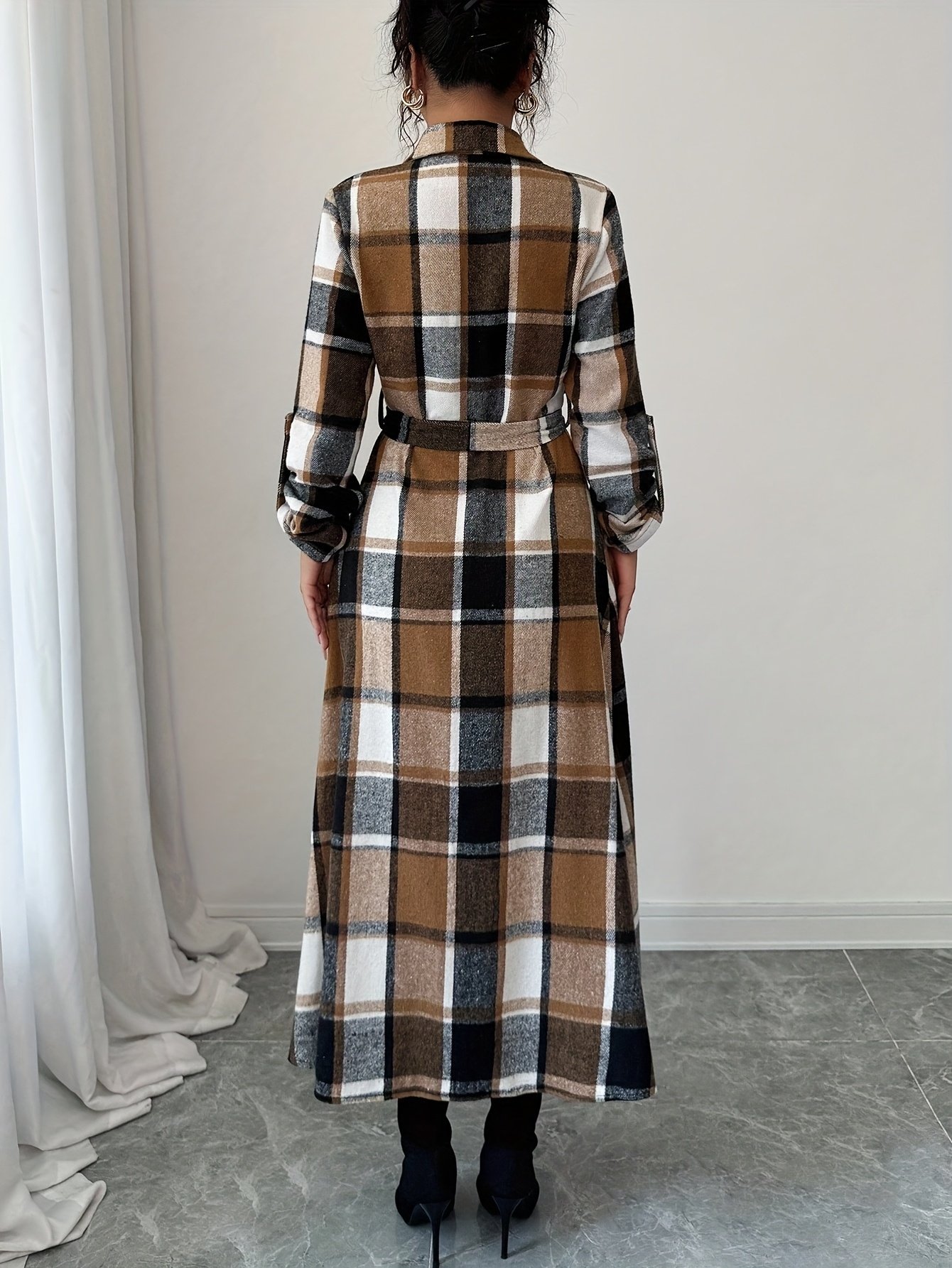 New Autumn Winter Spring Plaid Print Vacation Style Elegant Casual Versatile Commuter Long Sleeve Shirt Dress - Image 3