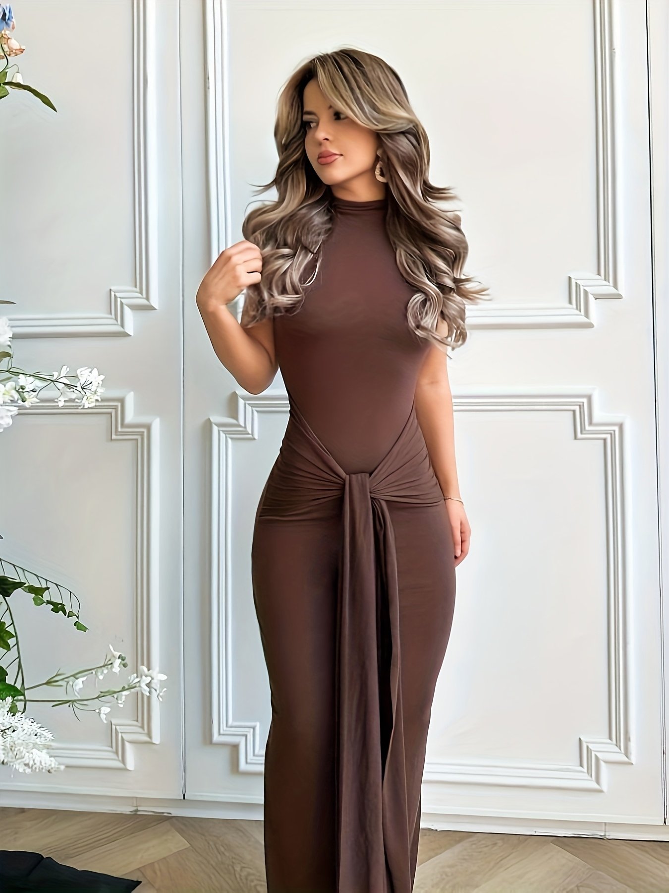 Solid Color Elegant Women's Front Tie Dress - Image 2