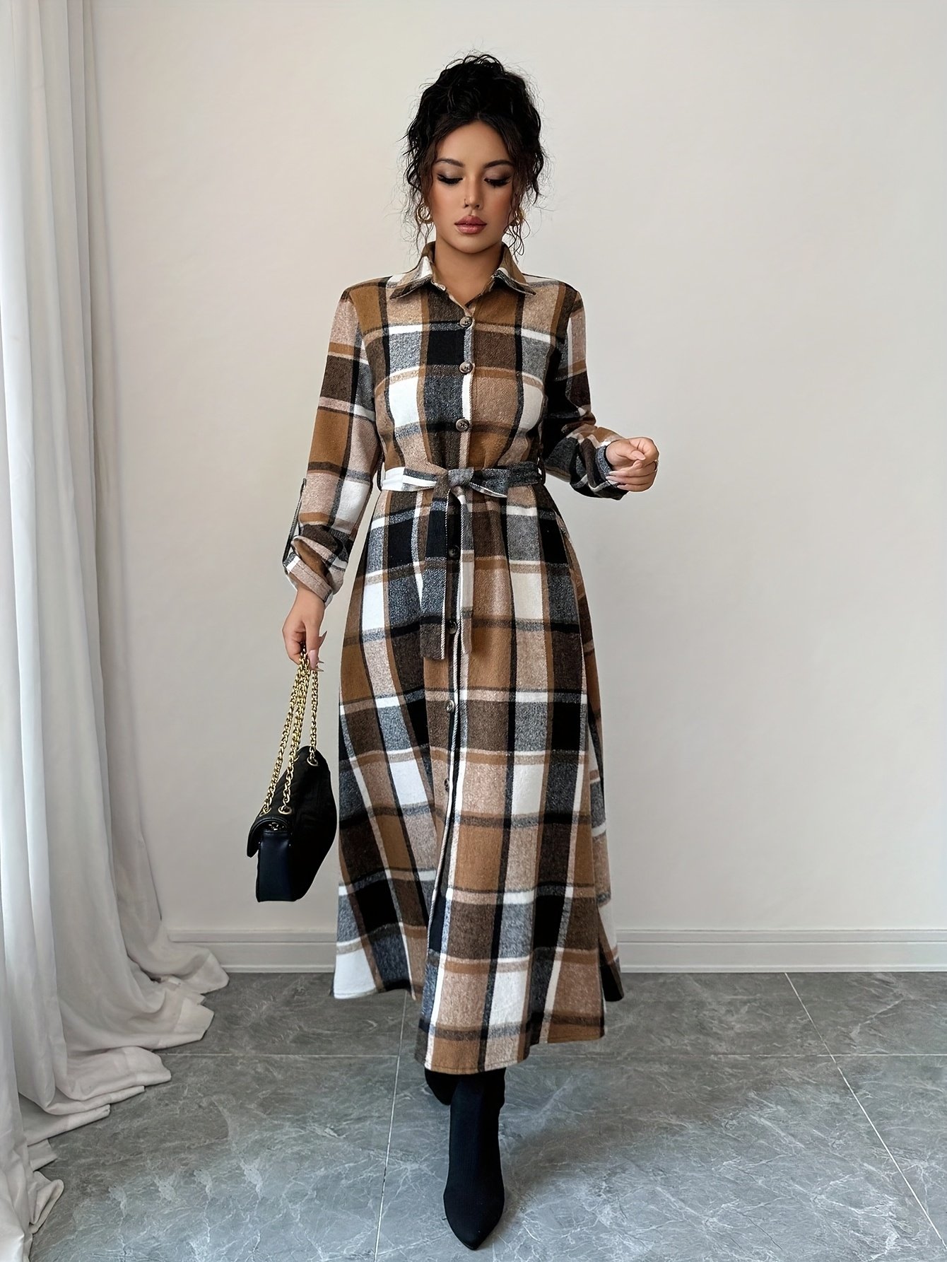 New Autumn Winter Spring Plaid Print Vacation Style Elegant Casual Versatile Commuter Long Sleeve Shirt Dress - Image 5
