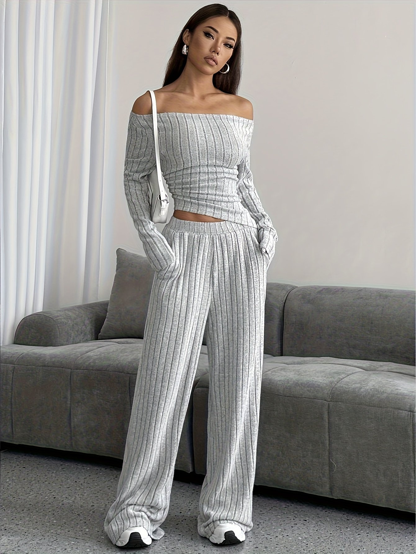 Autumn/Winter New Elegant Off-Shoulder Top + Pocket Pants Set, Asymmetrical Shoulder Design Casual 2pcs Set - Image 5