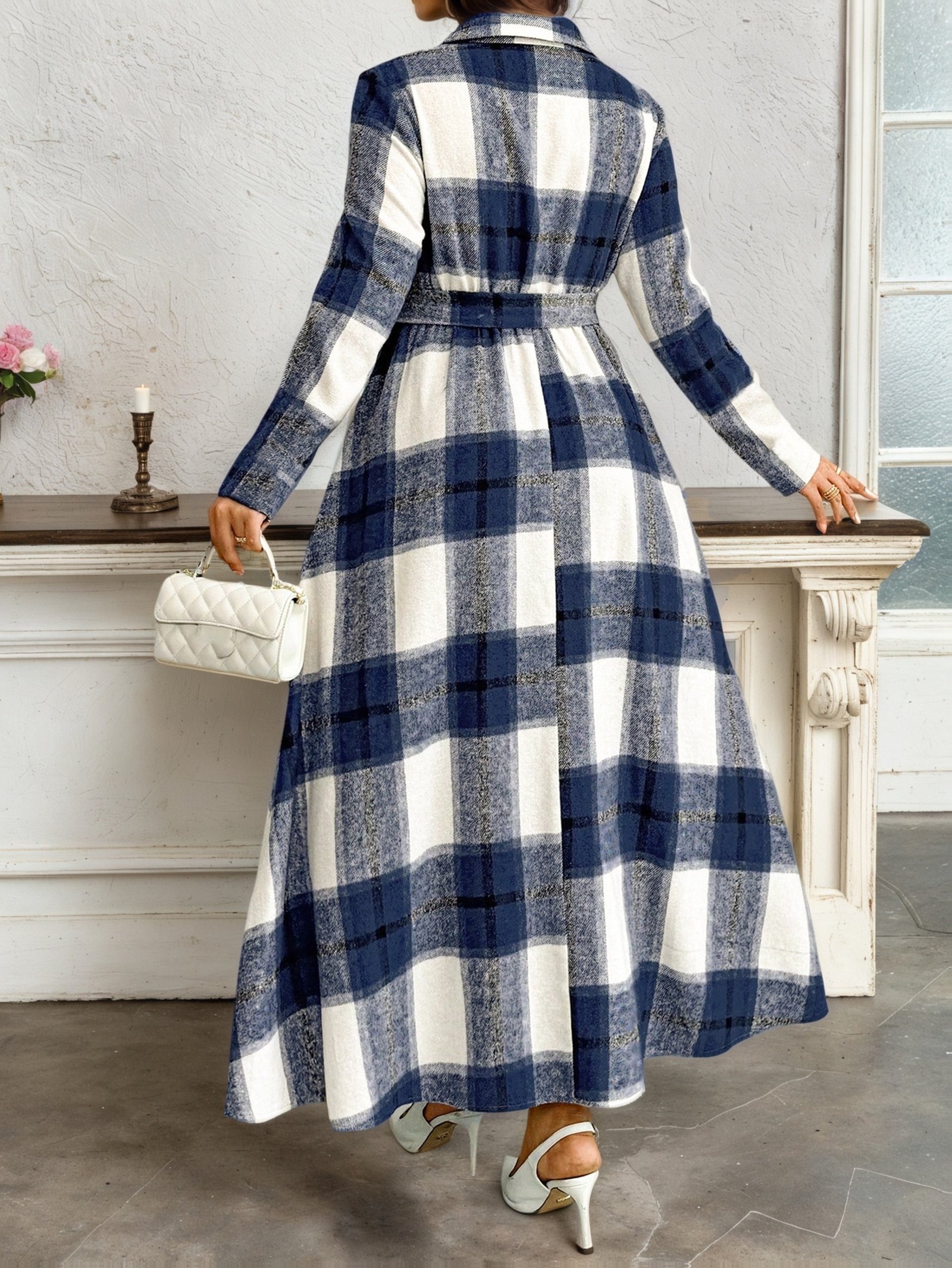 Plus Size - Plus Size Women'S Polo Collar Waist-Cinched Plaid Long Sleeve Midi Dress | Casual Fit and Flare Silhouette, Non-Stretch Fabric, Ideal for Spring/Fall - Image 2