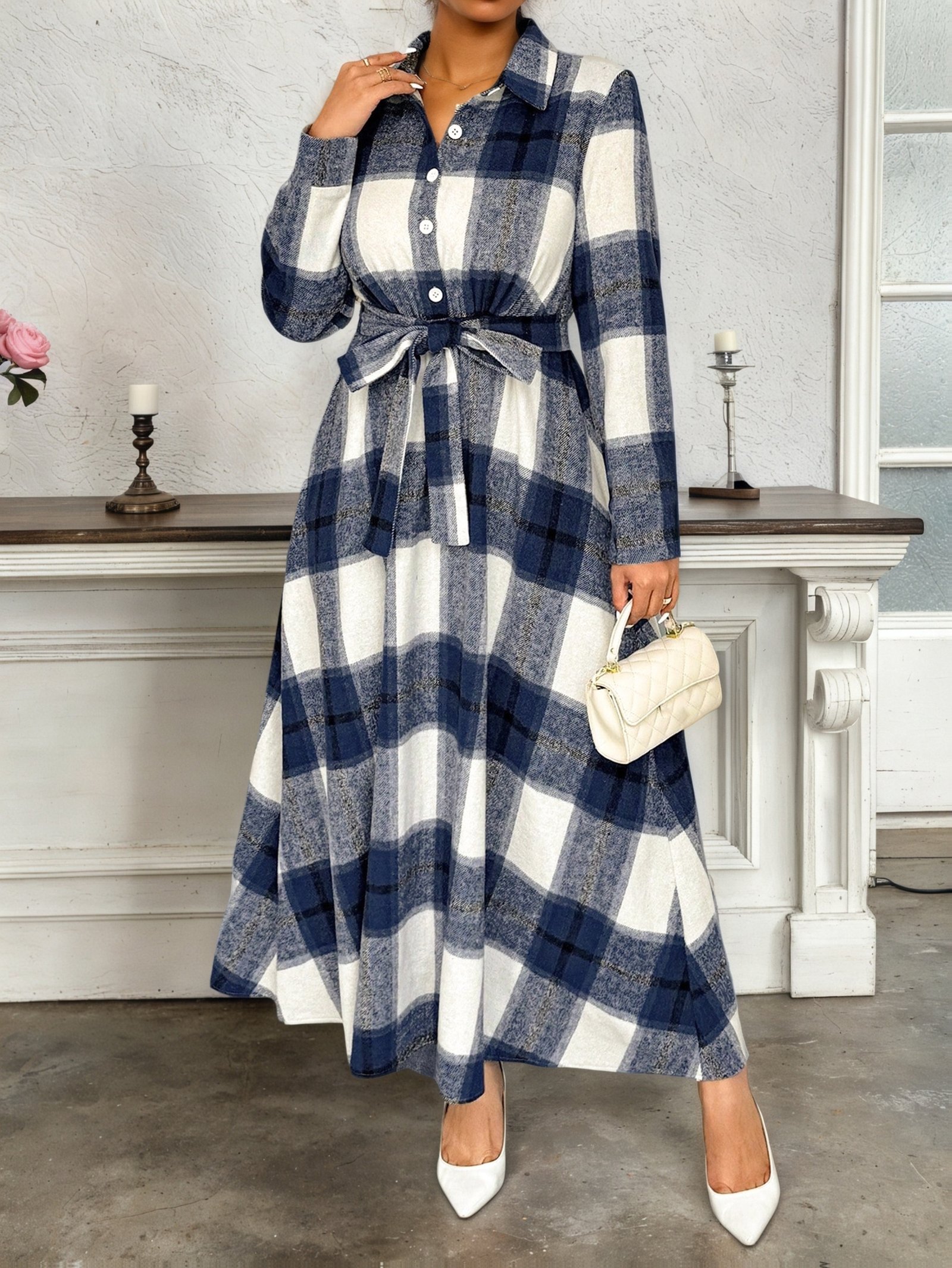 Plus Size - Plus Size Women'S Polo Collar Waist-Cinched Plaid Long Sleeve Midi Dress | Casual Fit and Flare Silhouette, Non-Stretch Fabric, Ideal for Spring/Fall - Image 3