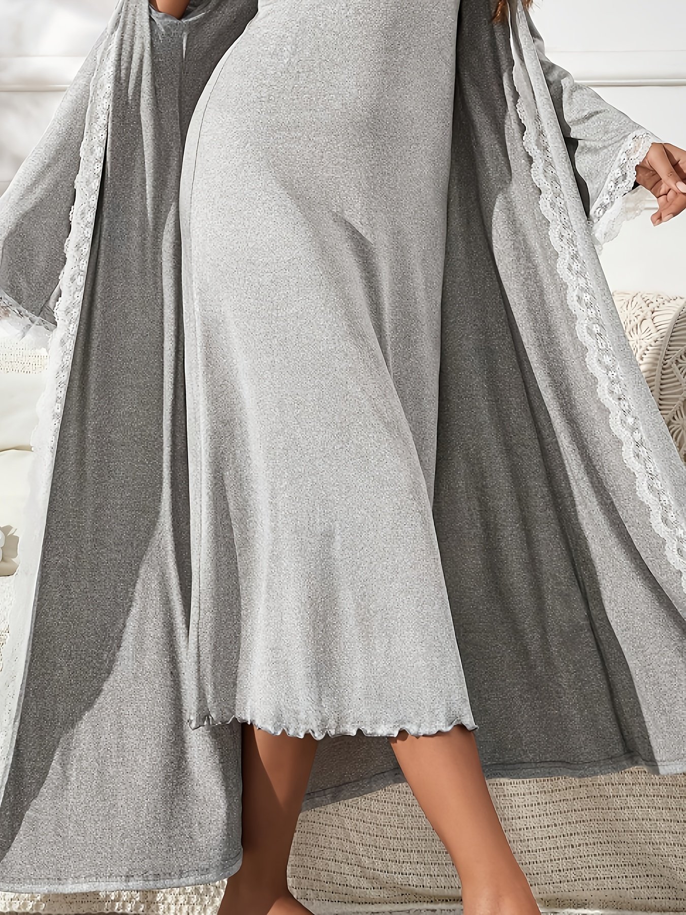 Elegant Solid Color Lace Panel Robe with Belt + Camisole Loungewear Set - Image 10