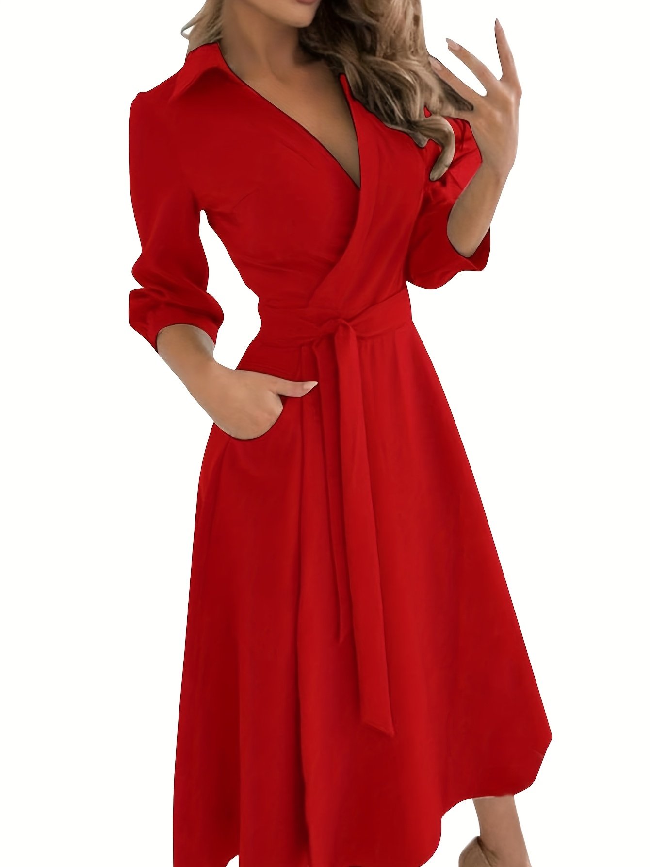 Elegant Women'S A-Line Dress with Three-Quarter Sleeves And a Lapel Collar - Image 7