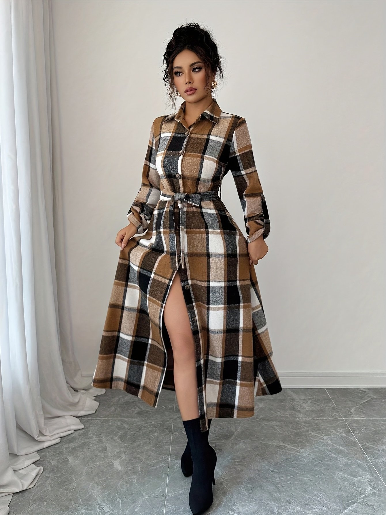 New Autumn Winter Spring Plaid Print Vacation Style Elegant Casual Versatile Commuter Long Sleeve Shirt Dress - Image 4