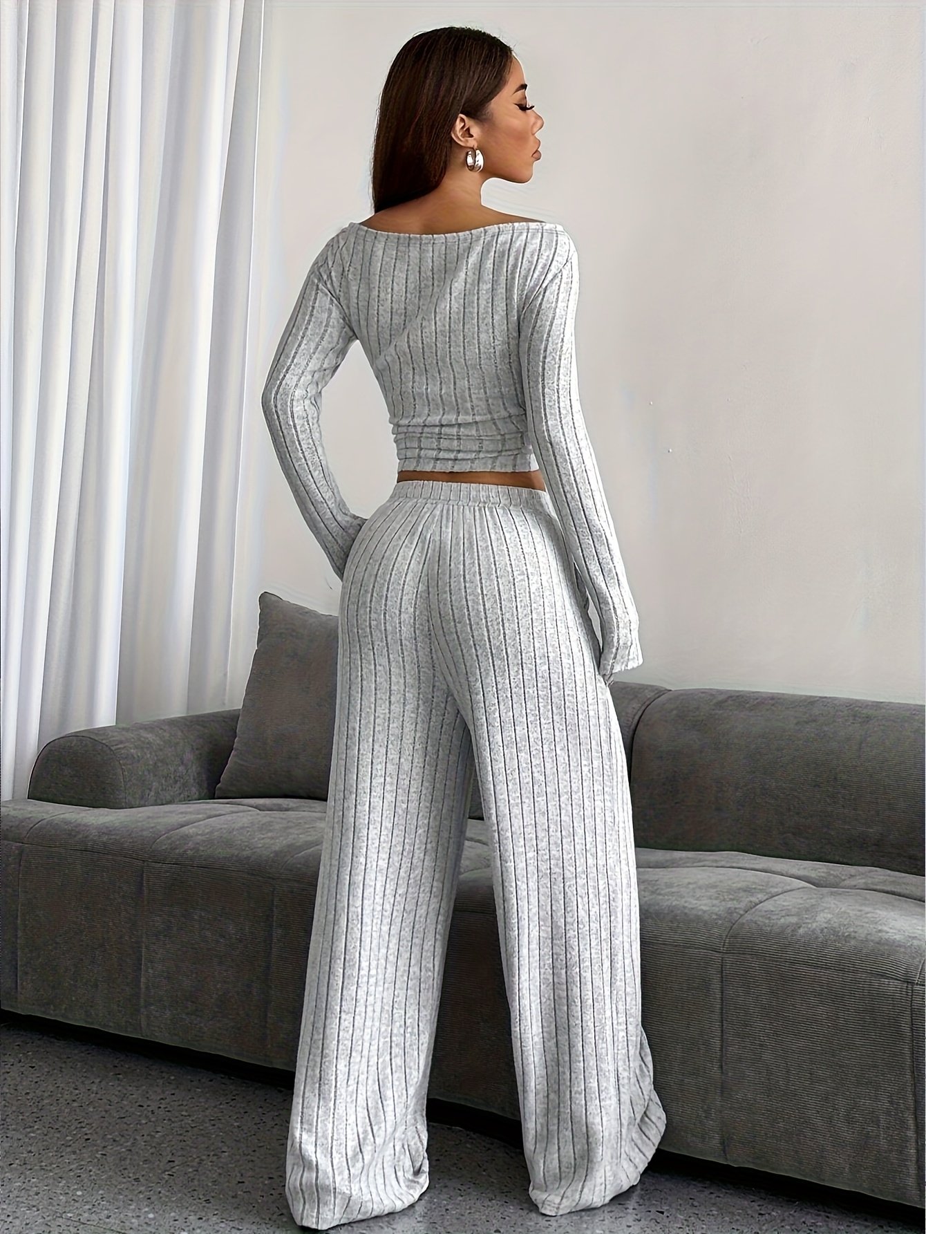 Autumn/Winter New Elegant Off-Shoulder Top + Pocket Pants Set, Asymmetrical Shoulder Design Casual 2pcs Set - Image 2