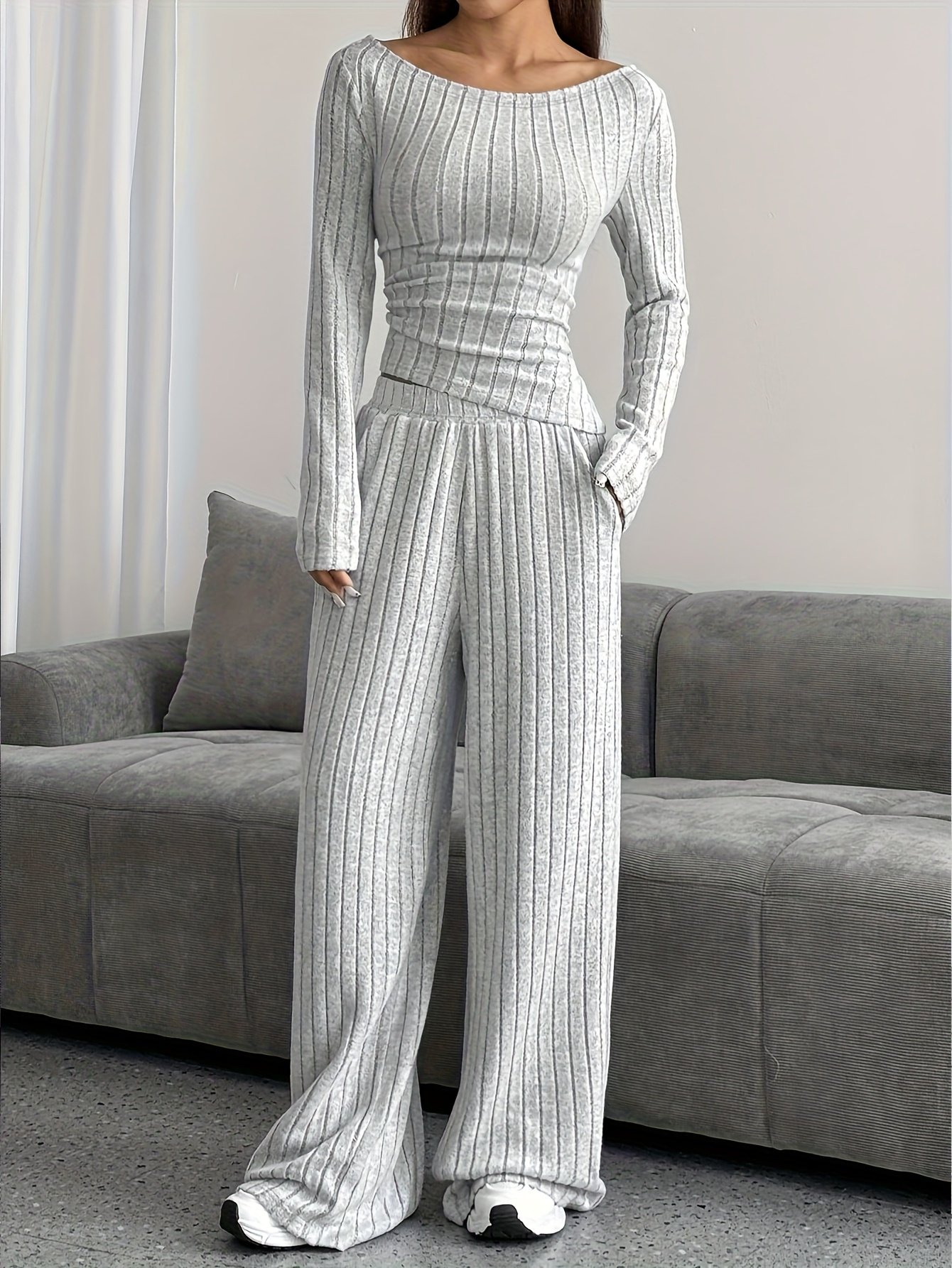 Autumn/Winter New Elegant Off-Shoulder Top + Pocket Pants Set, Asymmetrical Shoulder Design Casual 2pcs Set - Image 3