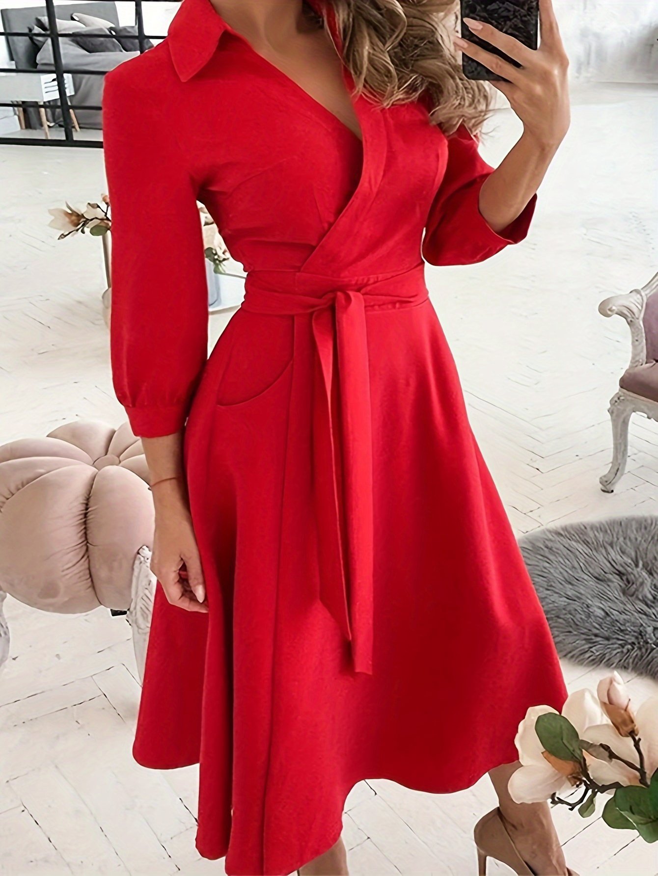 Elegant Women'S A-Line Dress with Three-Quarter Sleeves And a Lapel Collar - Image 2