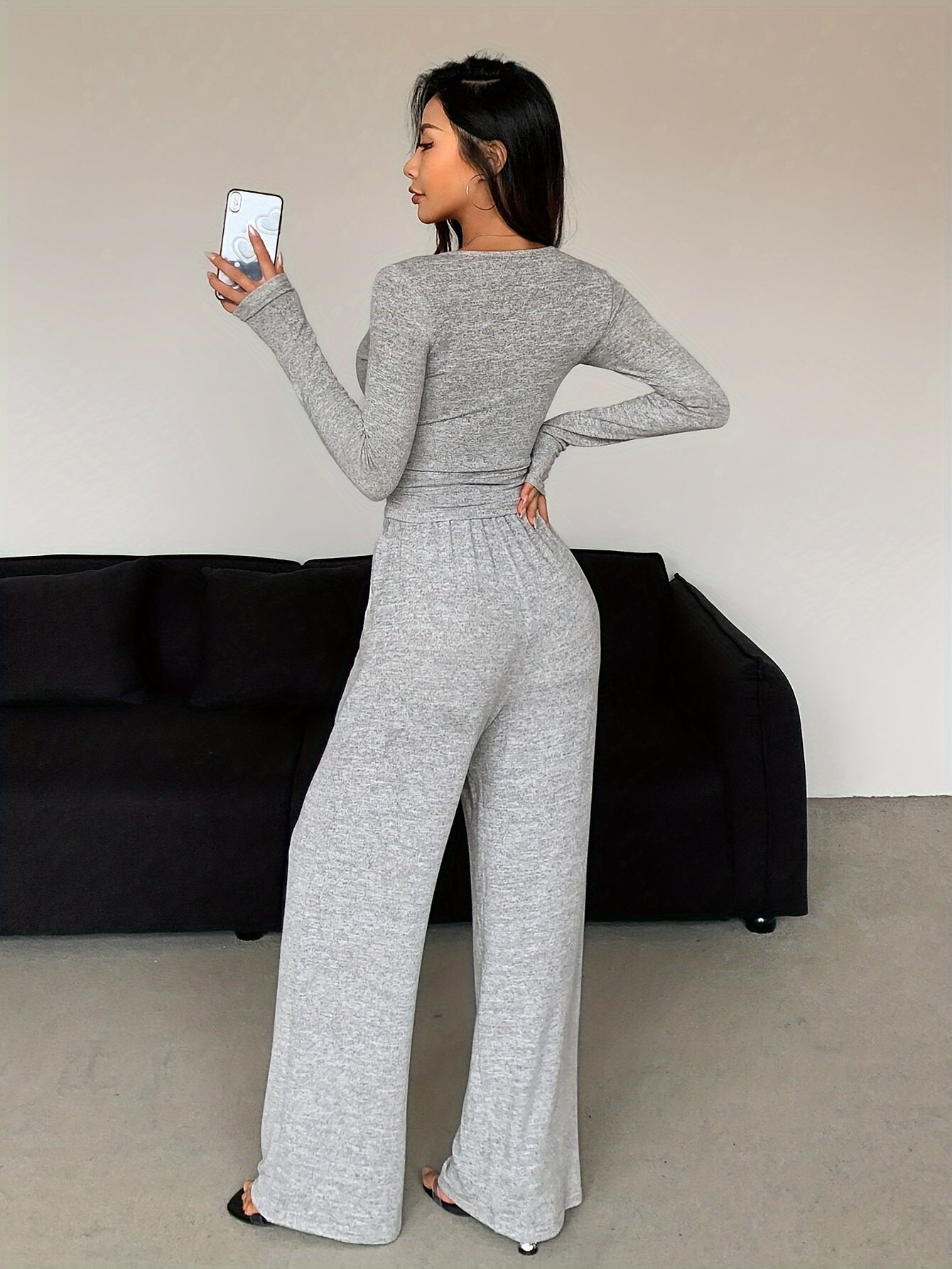 2pcs Women's Spring/Autumn/Winter Long Sleeve Long Pants Open Front Pajama Set - Image 4