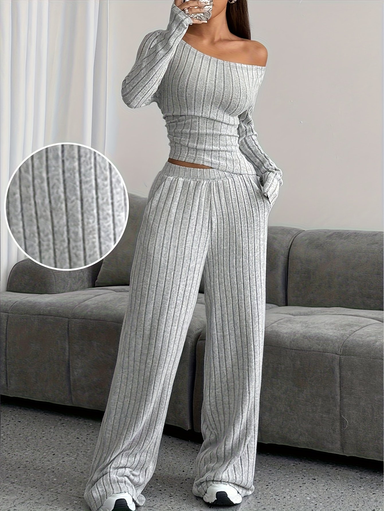 Autumn/Winter New Elegant Off-Shoulder Top + Pocket Pants Set, Asymmetrical Shoulder Design Casual 2pcs Set