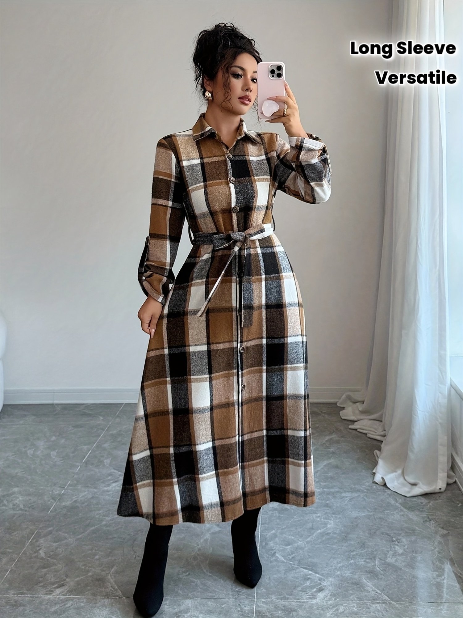 New Autumn Winter Spring Plaid Print Vacation Style Elegant Casual Versatile Commuter Long Sleeve Shirt Dress