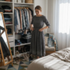 Woman adjusting dress in cozy bedroom