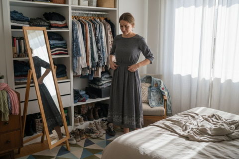 Woman adjusting dress in cozy bedroom