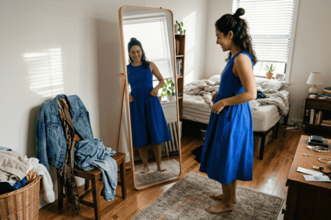 Woman in cobalt blue A-line dress at home