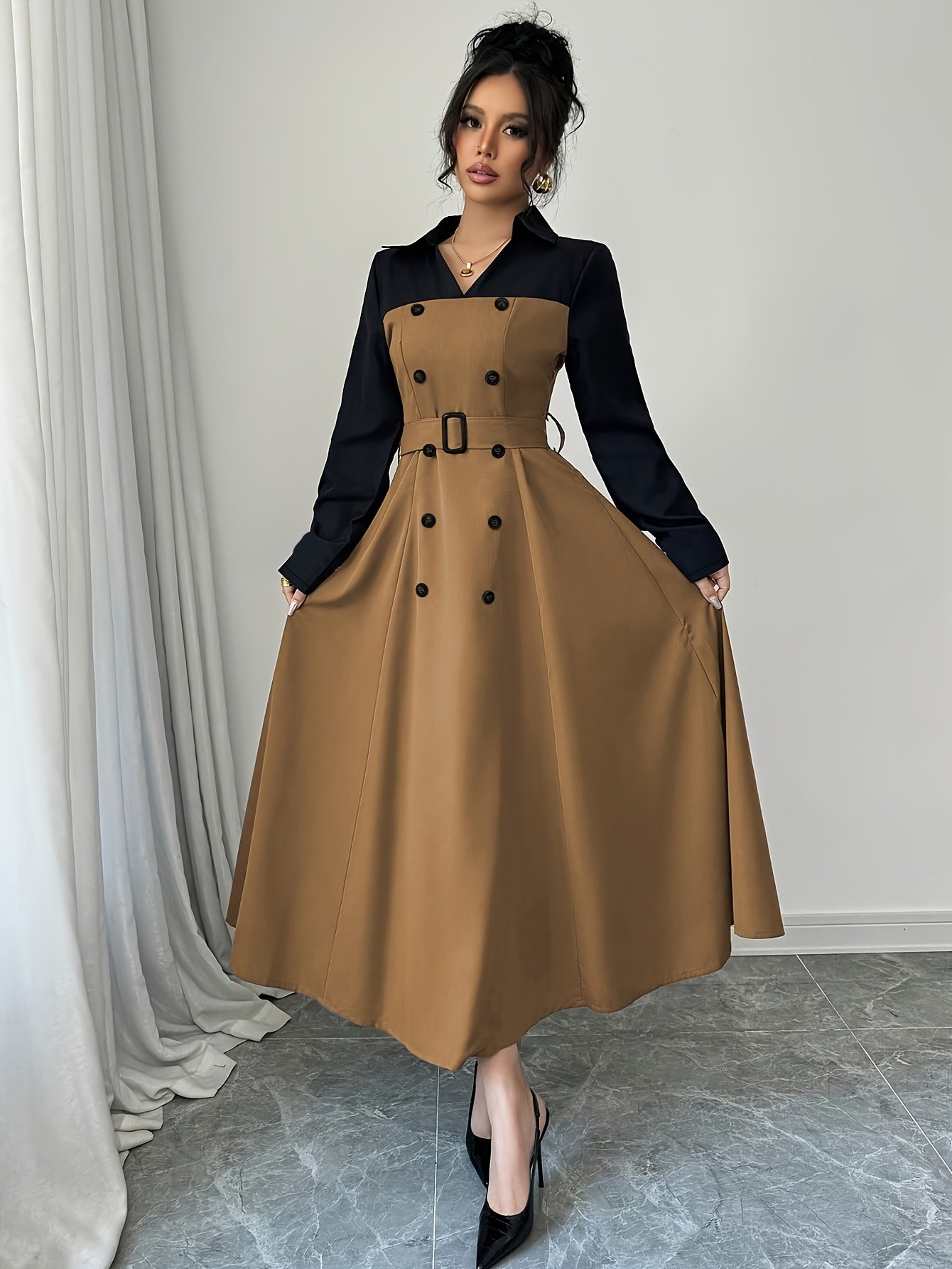 Elegant And Versatile Long-Sleeve V-Neck Color-Blocked Dress with a Belted Waist, Perfect for Commuting - Image 2