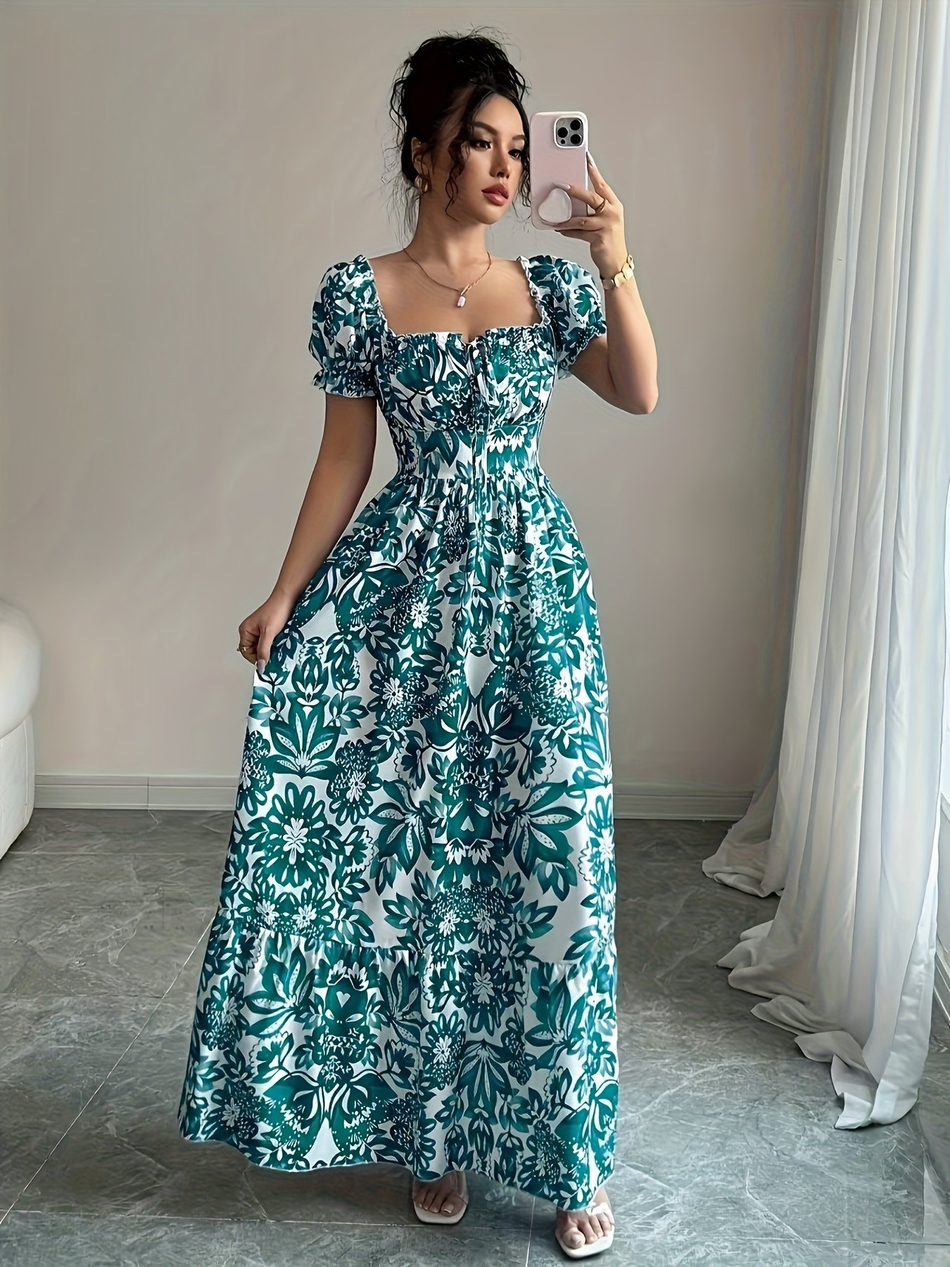 Elegant Floral Print Maxi Dress with Puff Sleeves, Square Neckline, and Backless Design - Perfect for Vacation or Date Night, Spring/Summer Collection, Cute Dress - Image 2