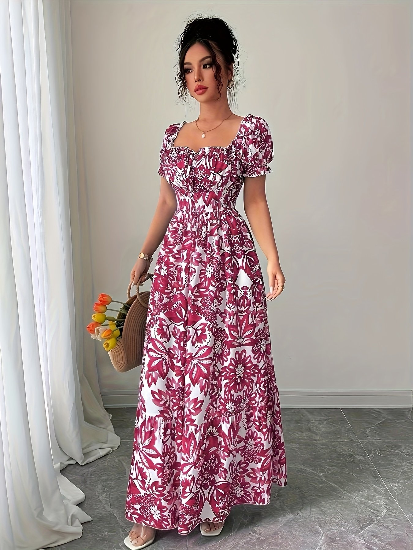 Elegant Floral Print Maxi Dress with Puff Sleeves, Square Neckline, and Backless Design - Perfect for Vacation or Date Night, Spring/Summer Collection, Cute Dress - Image 7