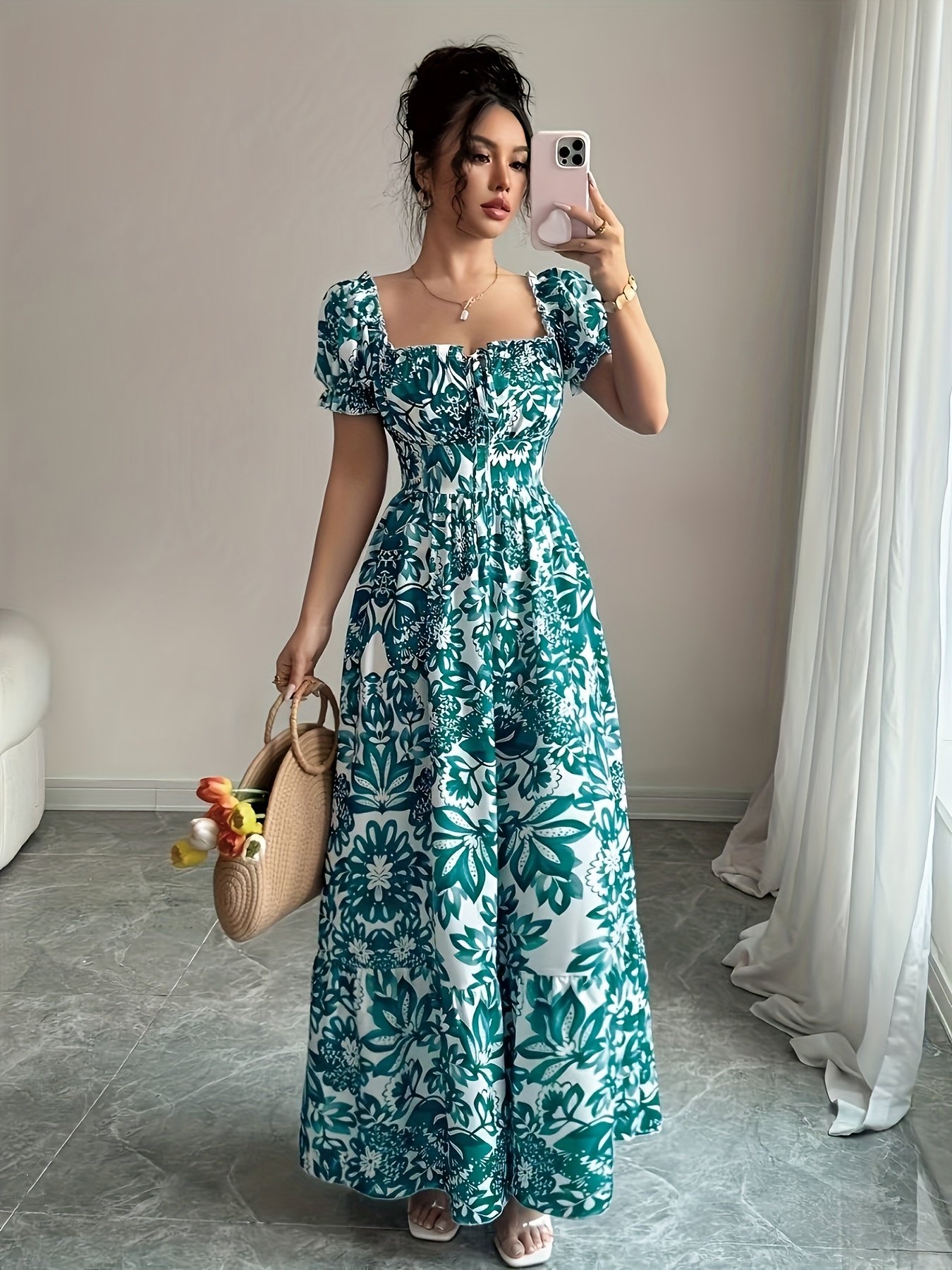 Elegant Floral Print Maxi Dress with Puff Sleeves, Square Neckline, and Backless Design - Perfect for Vacation or Date Night, Spring/Summer Collection, Cute Dress - Image 8