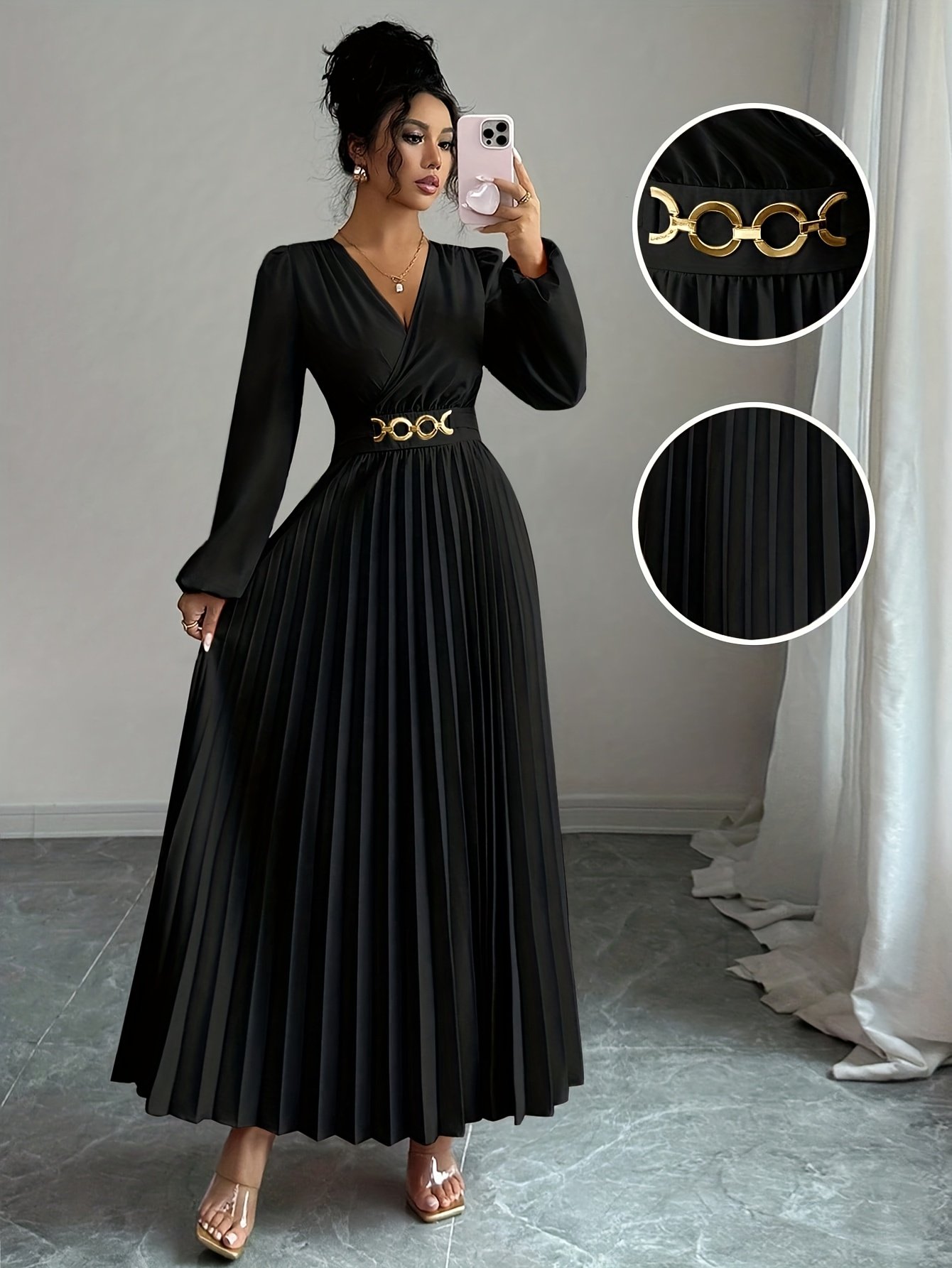 A Solid Color Pleated Dress with a V-Neck And Metal Embellishments, Featuring a Side Zipper And Gathered Design at The Waist on The Back, Perfect for Elegant Occasions Like Birthdays, Weddings, And Back-To- Season - Image 2