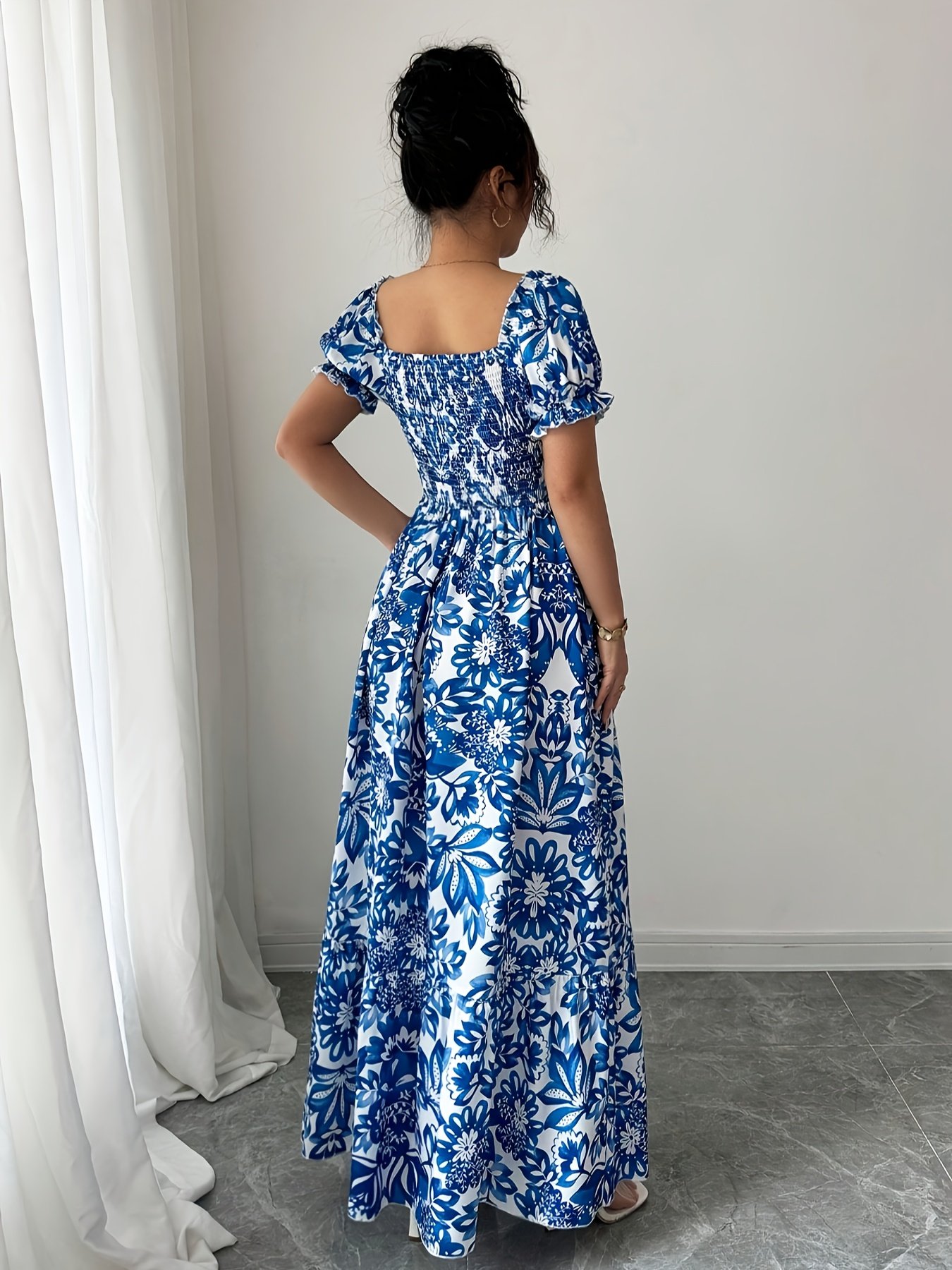 Elegant Floral Print Maxi Dress with Puff Sleeves, Square Neckline, and Backless Design - Perfect for Vacation or Date Night, Spring/Summer Collection, Cute Dress - Image 6