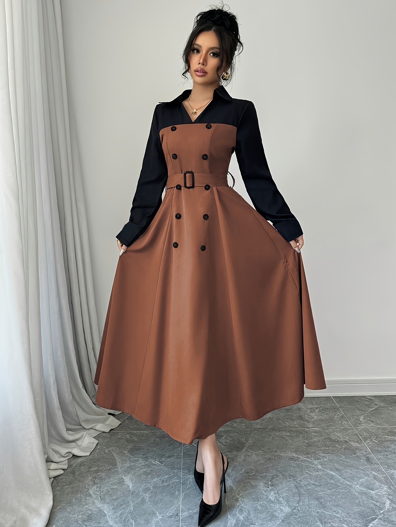 Elegant And Versatile Long-Sleeve V-Neck Color-Blocked Dress with a Belted Waist, Perfect for Commuting - Image 3