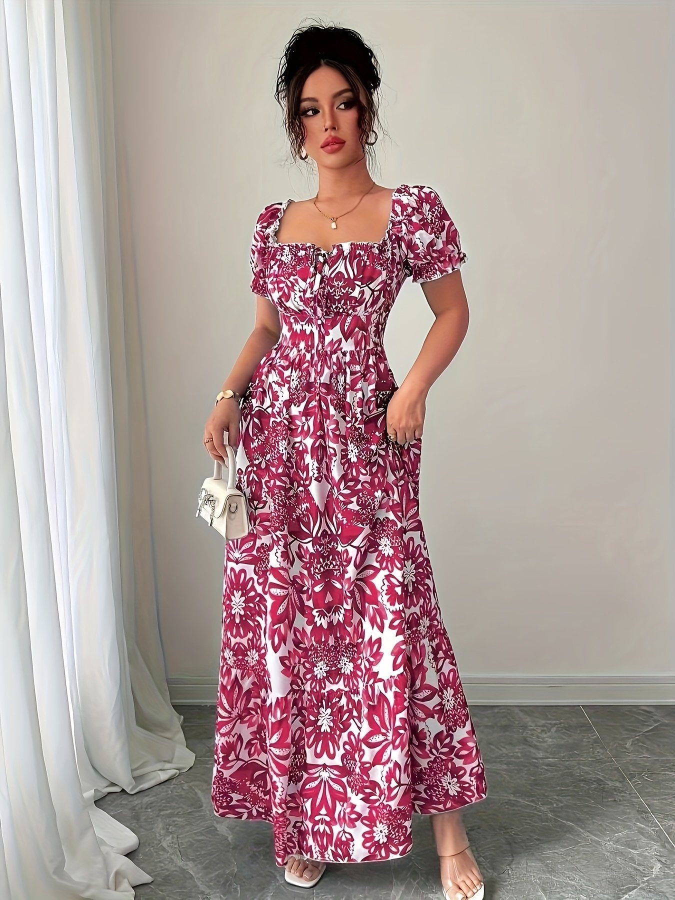 Elegant Floral Print Maxi Dress with Puff Sleeves, Square Neckline, and Backless Design - Perfect for Vacation or Date Night, Spring/Summer Collection, Cute Dress - Image 10