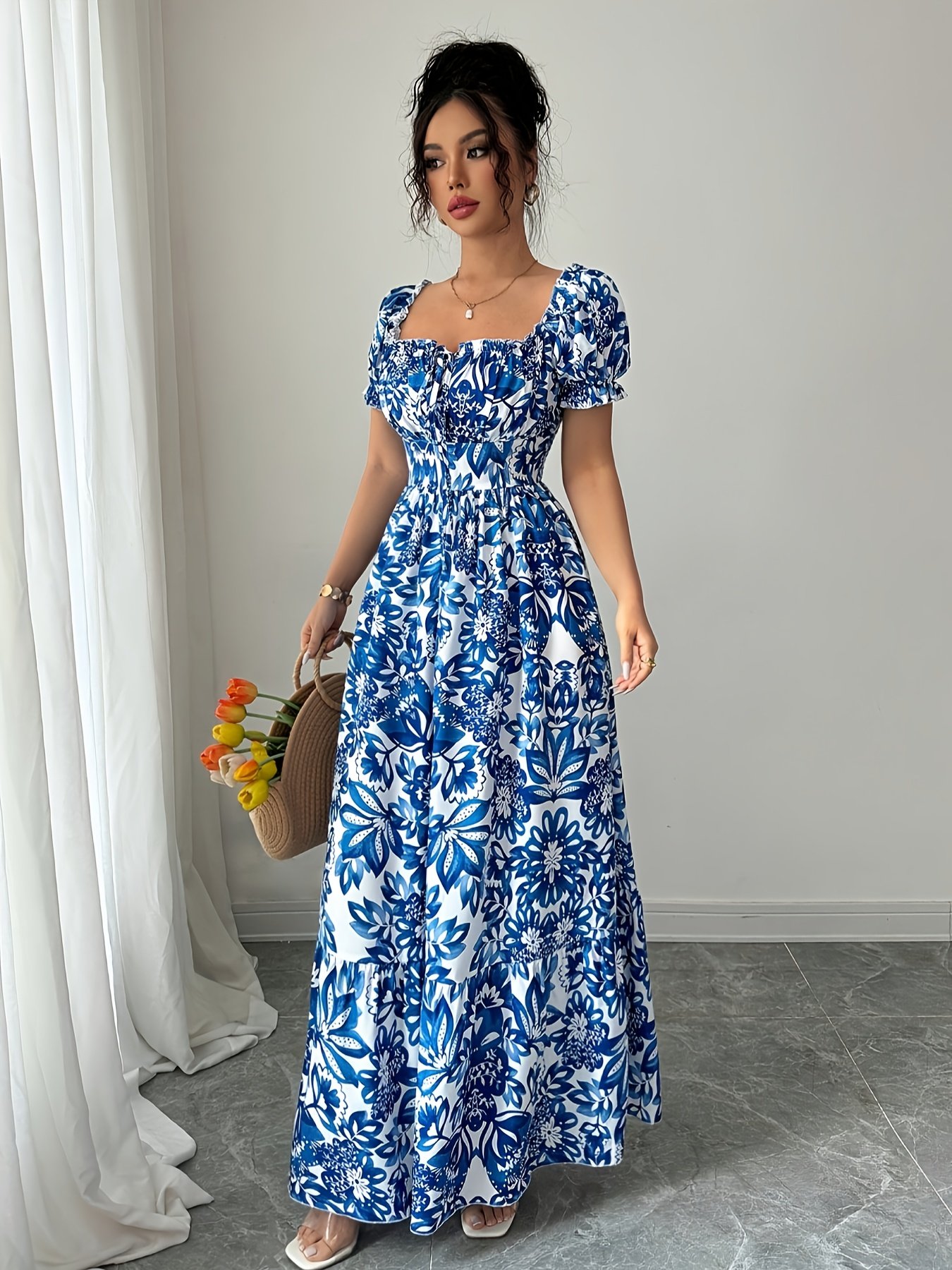 Elegant Floral Print Maxi Dress with Puff Sleeves, Square Neckline, and Backless Design - Perfect for Vacation or Date Night, Spring/Summer Collection, Cute Dress - Image 9
