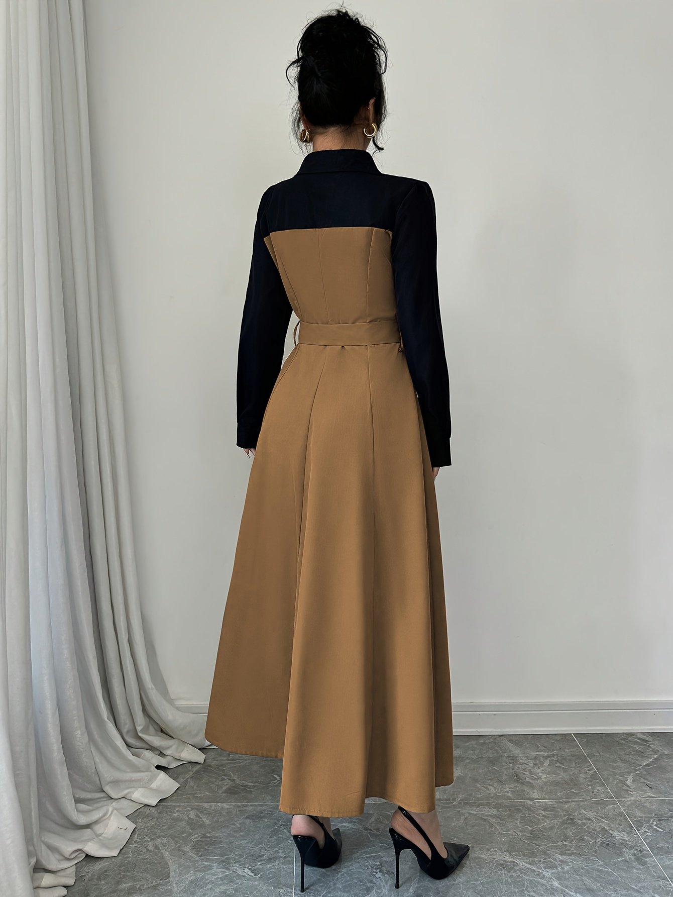 Elegant And Versatile Long-Sleeve V-Neck Color-Blocked Dress with a Belted Waist, Perfect for Commuting - Image 7