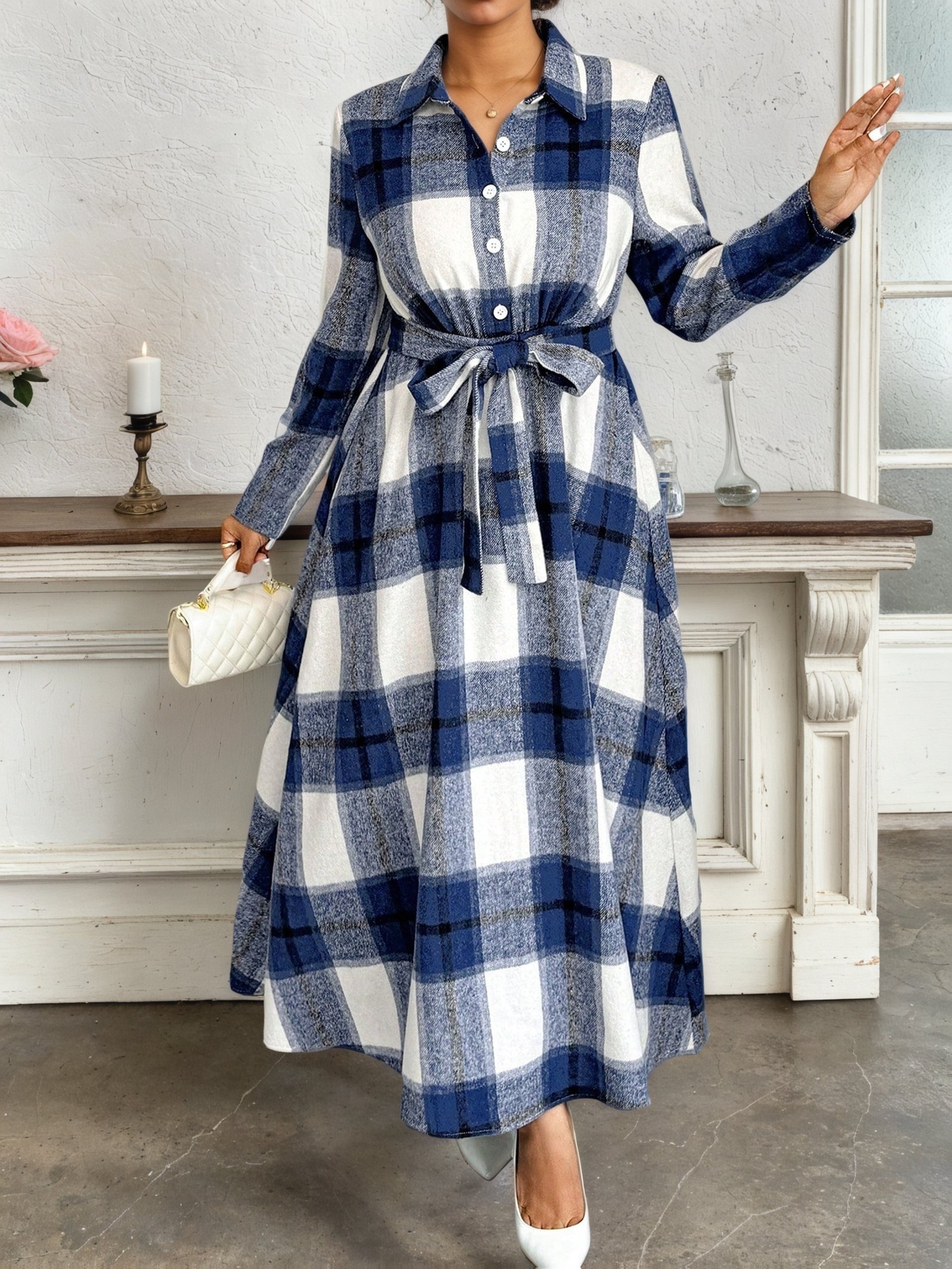 Plus Size - Plus Size - Plus-Size Women'S Elegant And Easy Checkered Long-Sleeve Dress with a Polo Collar And Waist Cinching, Perfect for Commuting - Image 5