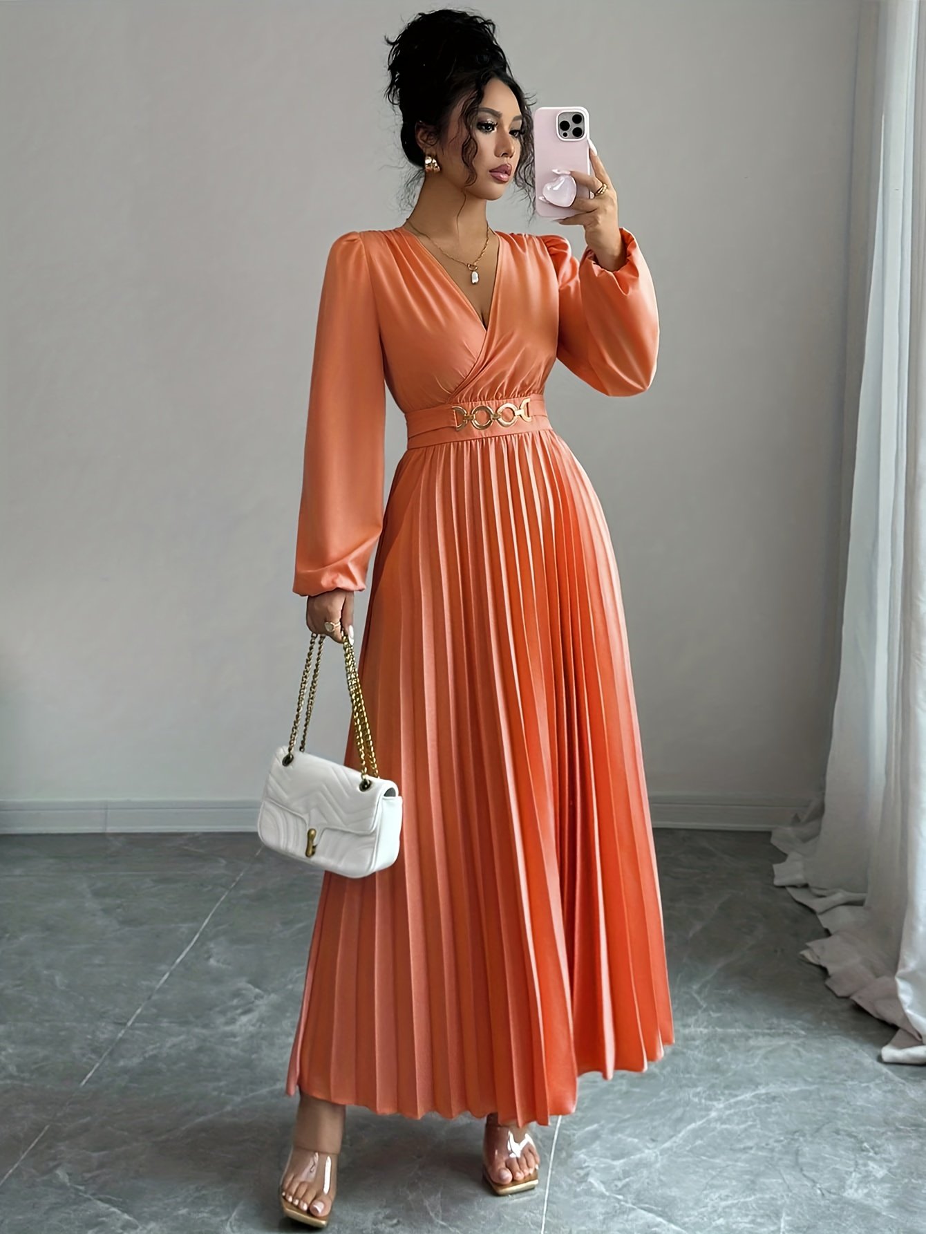 A Solid Color Pleated Dress with a V-Neck And Metal Embellishments, Featuring a Side Zipper And Gathered Design at The Waist on The Back, Perfect for Elegant Occasions Like Birthdays, Weddings, And Back-To- Season - Image 7