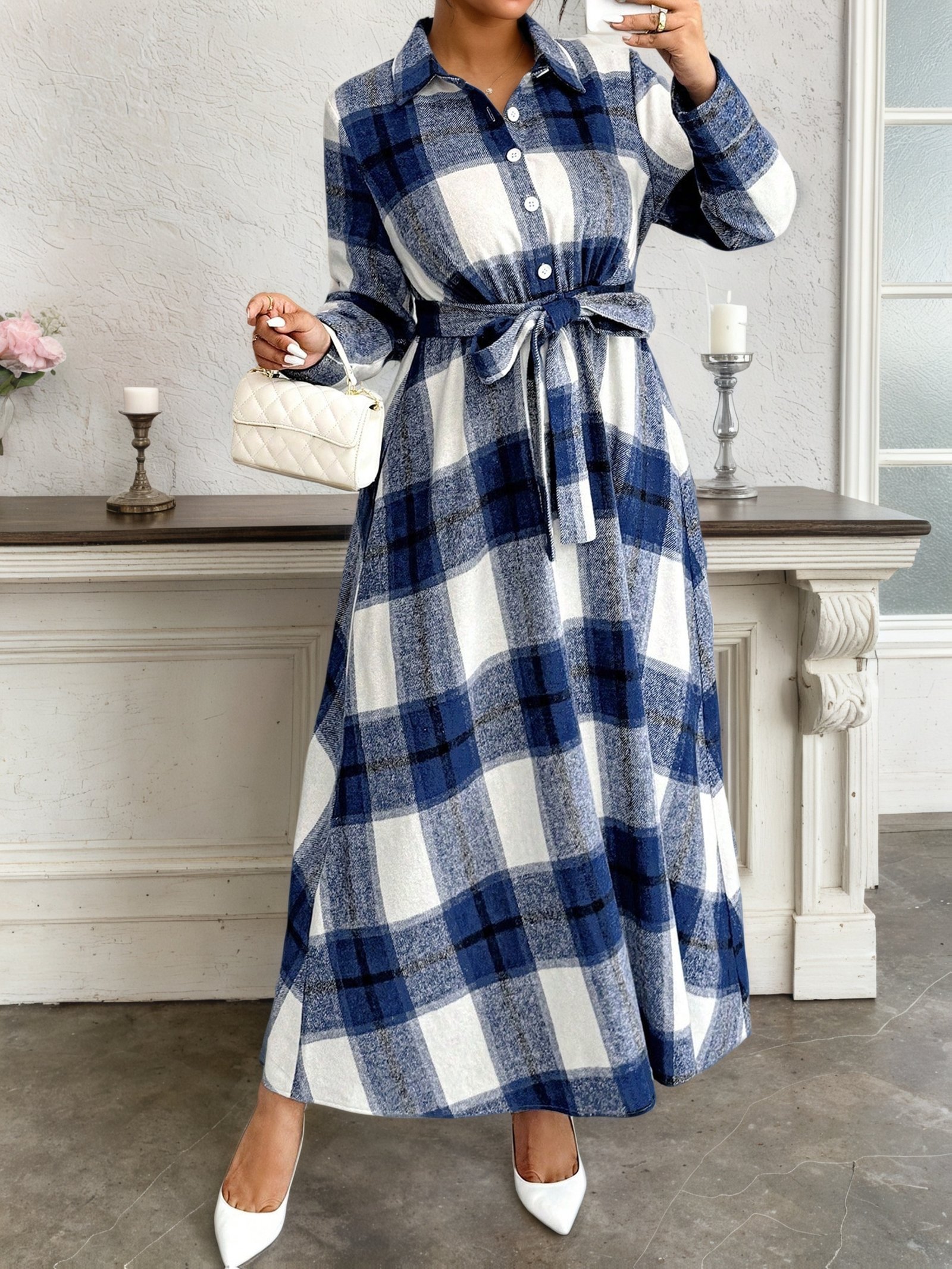 Plus Size - Plus Size - Plus-Size Women'S Elegant And Easy Checkered Long-Sleeve Dress with a Polo Collar And Waist Cinching, Perfect for Commuting - Image 6