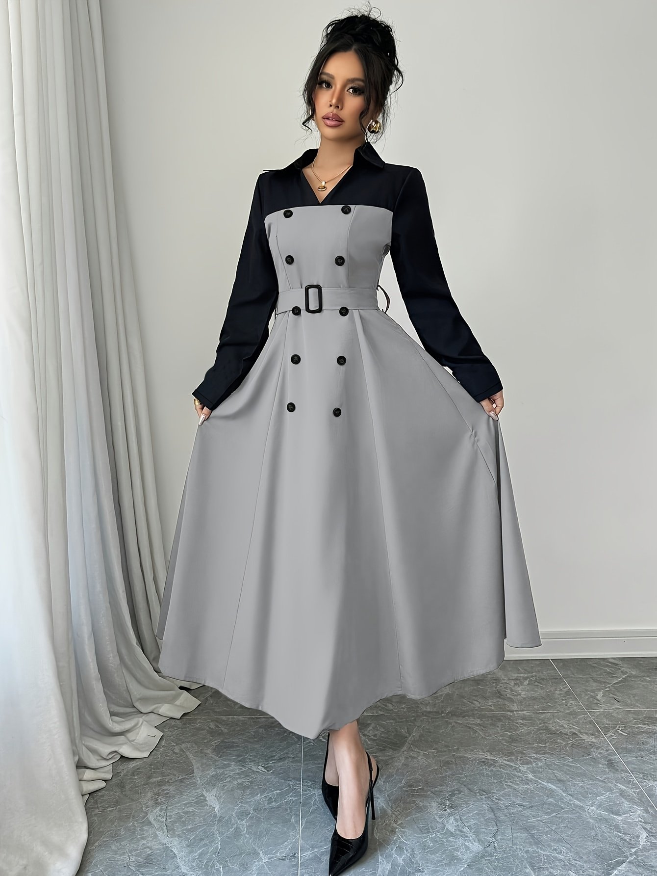 Elegant And Versatile Long-Sleeve V-Neck Color-Blocked Dress with a Belted Waist, Perfect for Commuting - Image 6