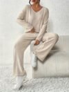 A Two-Piece Set Featuring a V-Neck Long-Sleeve Top And Straight-Leg Pants in Solid Color with Ribbed Texture for winter and spring