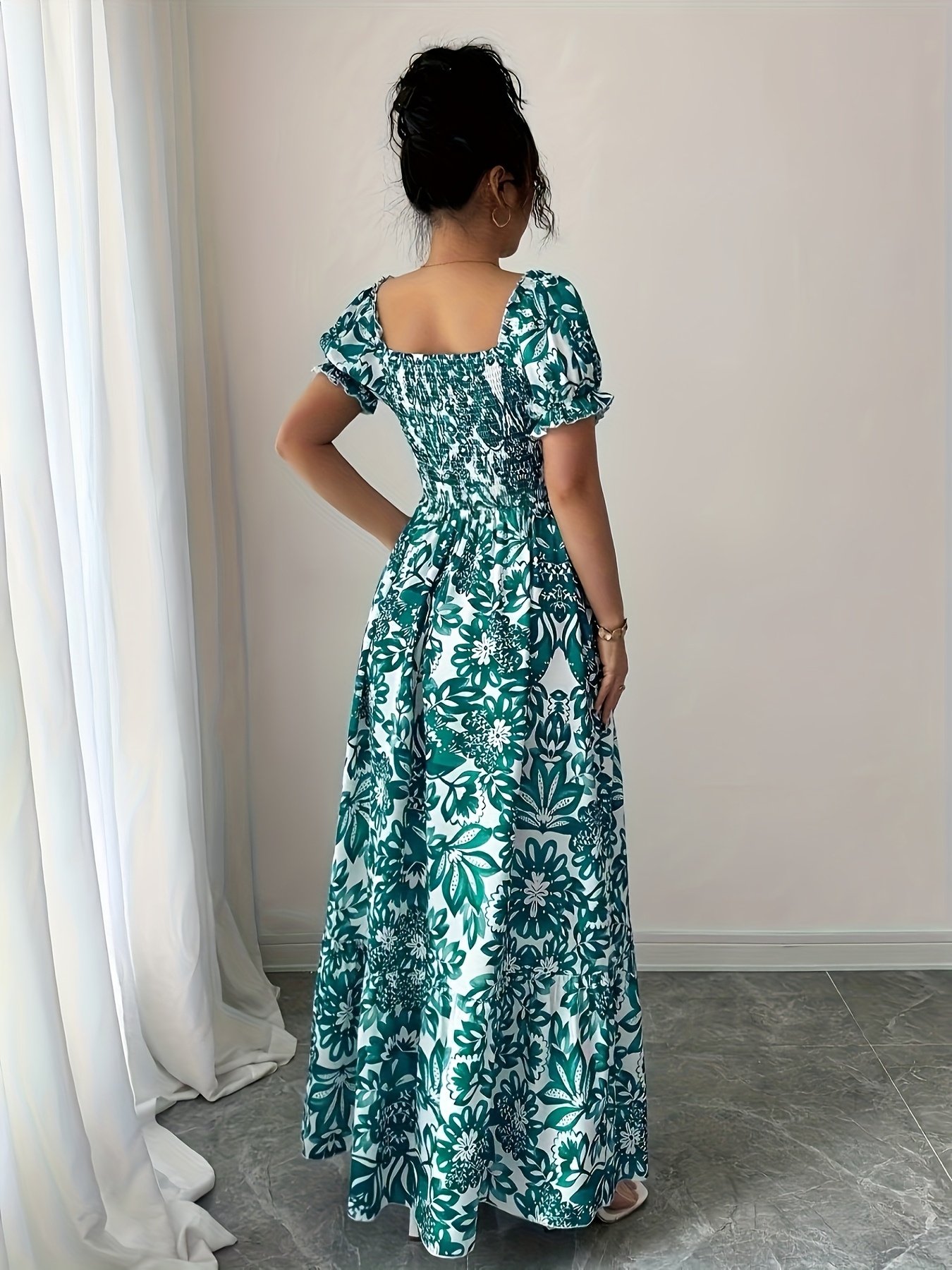 Elegant Floral Print Maxi Dress with Puff Sleeves, Square Neckline, and Backless Design - Perfect for Vacation or Date Night, Spring/Summer Collection, Cute Dress - Image 5