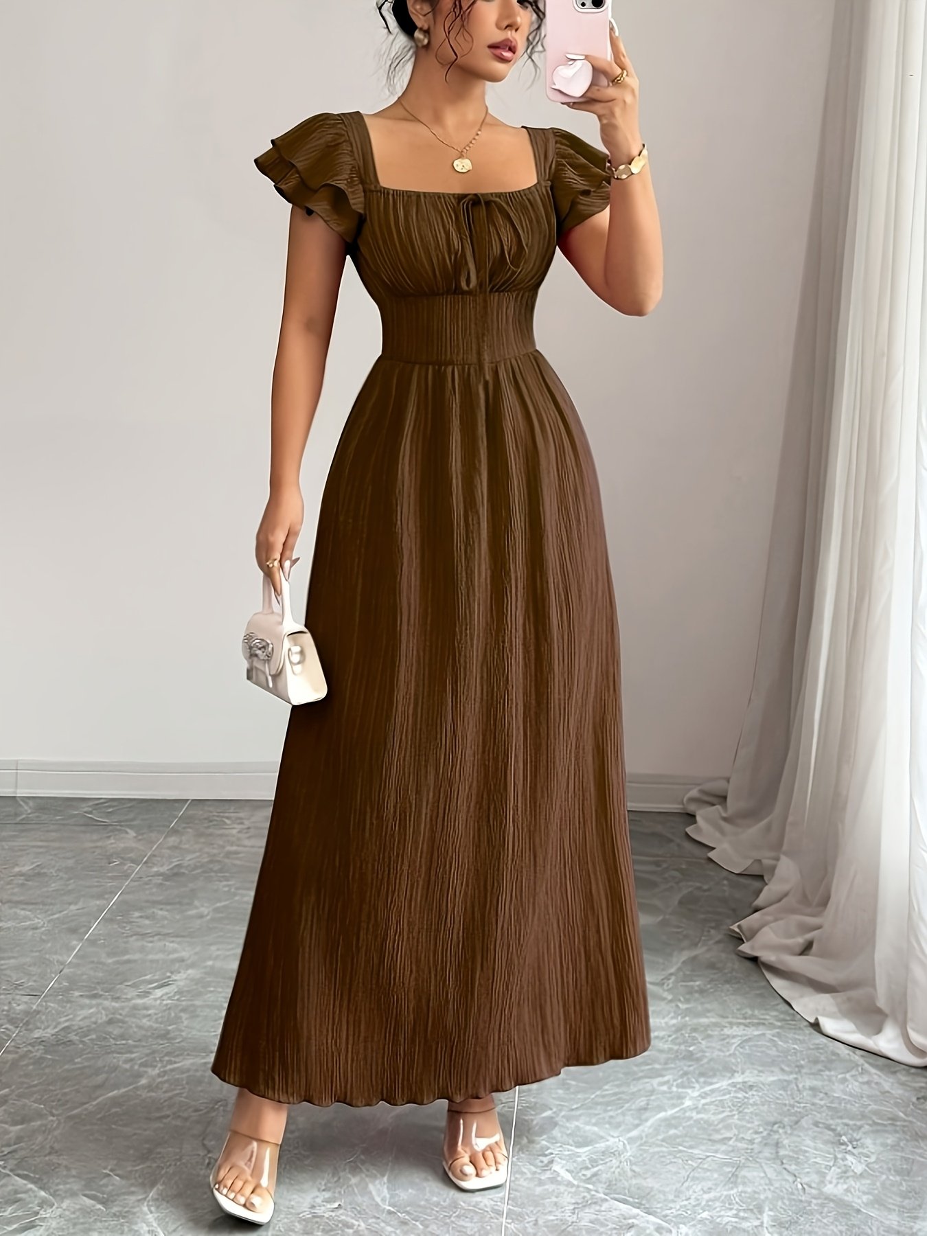 Women's Elegant Smock A-Line Maxi Dress - Square Neck Solid Color Summer Dress with Smock Detail, Machine Washable -Length Gown for Weddings, Parties & Casual Attire - Non-Stretch Elegant Special Line Dress for Women - Image 5