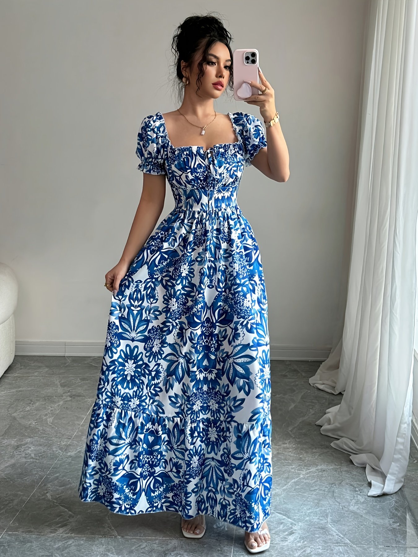 Elegant Floral Print Maxi Dress with Puff Sleeves, Square Neckline, and Backless Design - Perfect for Vacation or Date Night, Spring/Summer Collection, Cute Dress - Image 3
