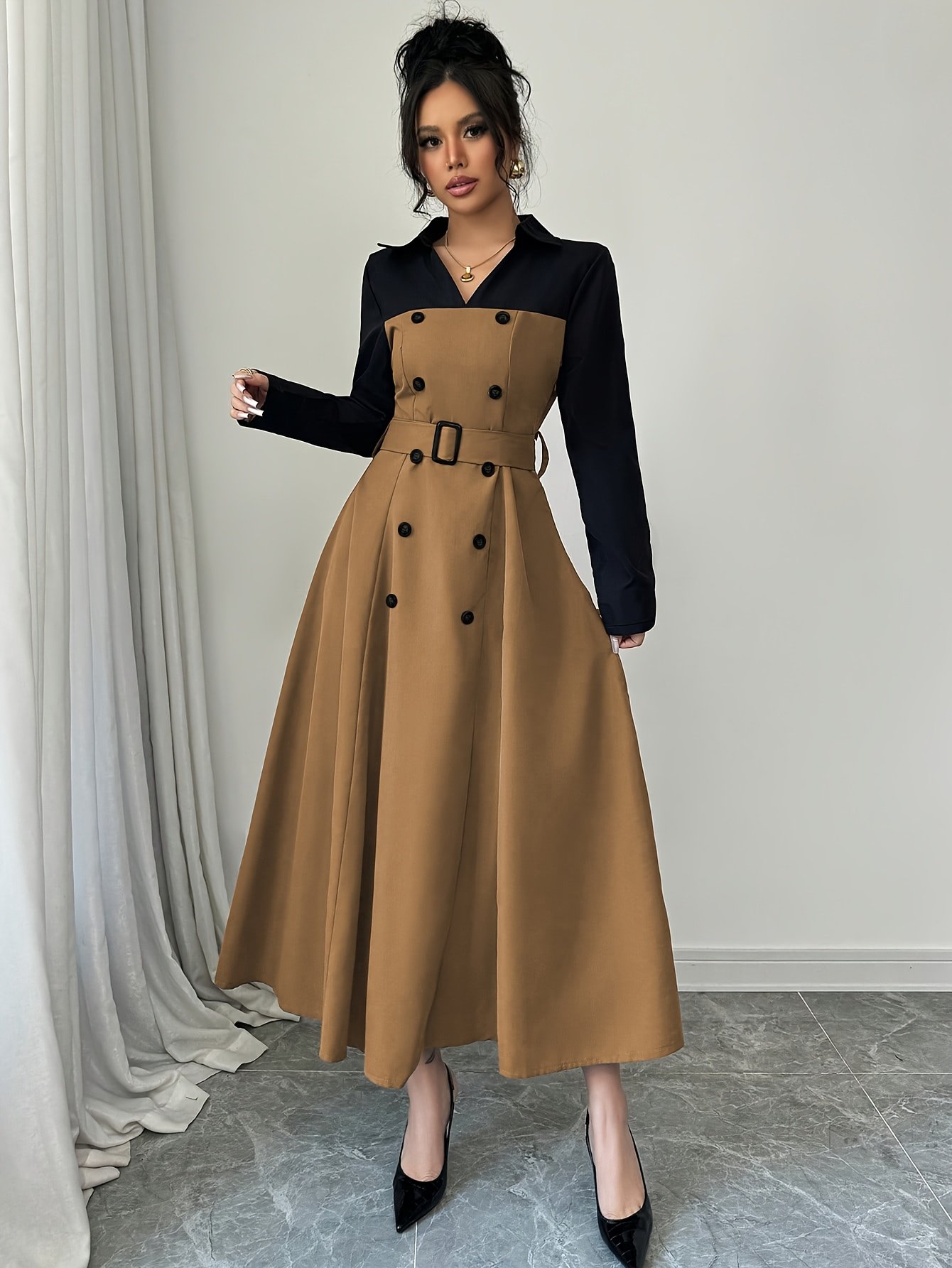 Elegant And Versatile Long-Sleeve V-Neck Color-Blocked Dress with a Belted Waist, Perfect for Commuting