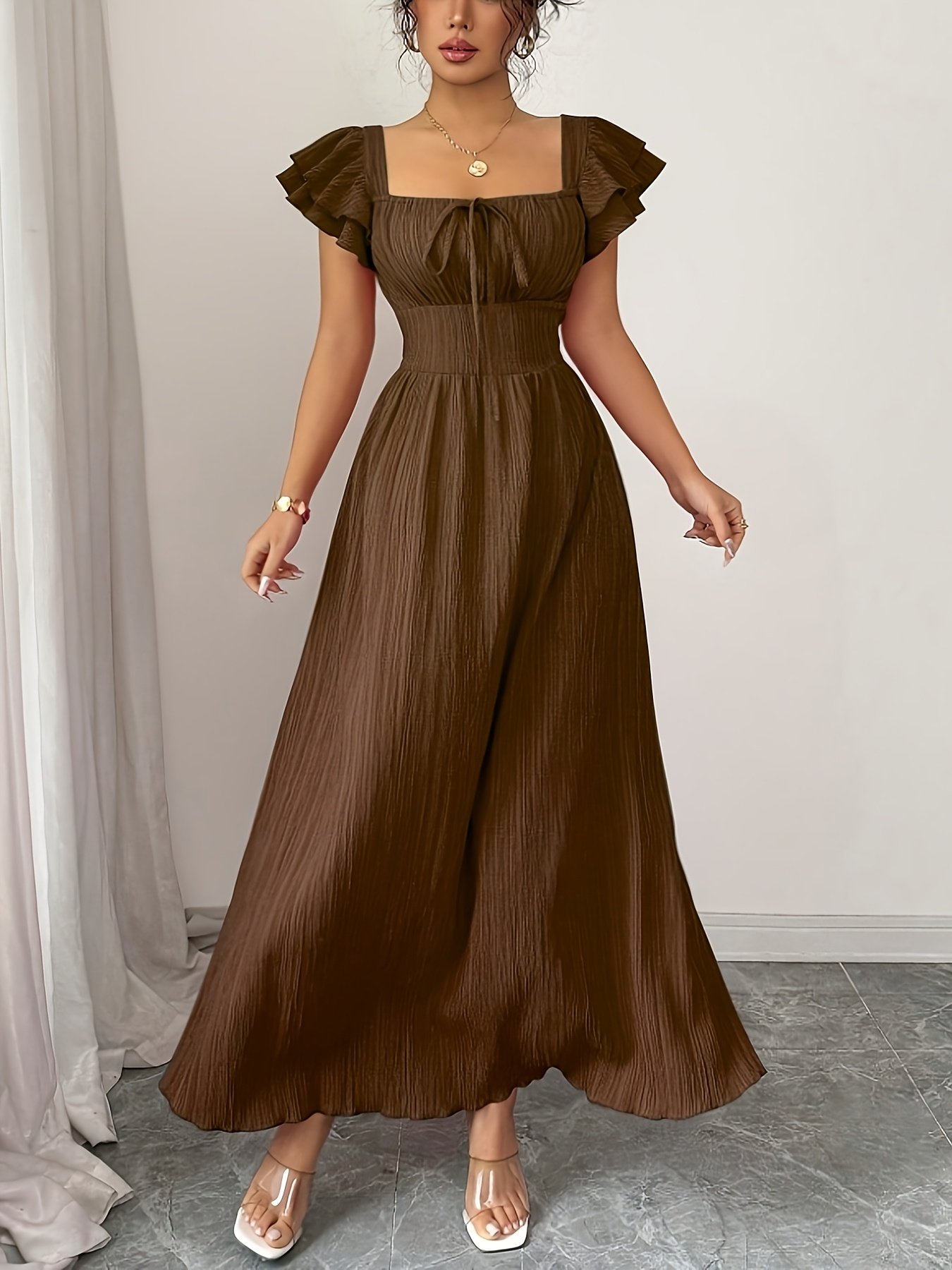 Women's Elegant Smock A-Line Maxi Dress - Square Neck Solid Color Summer Dress with Smock Detail, Machine Washable -Length Gown for Weddings, Parties & Casual Attire - Non-Stretch Elegant Special Line Dress for Women - Image 9