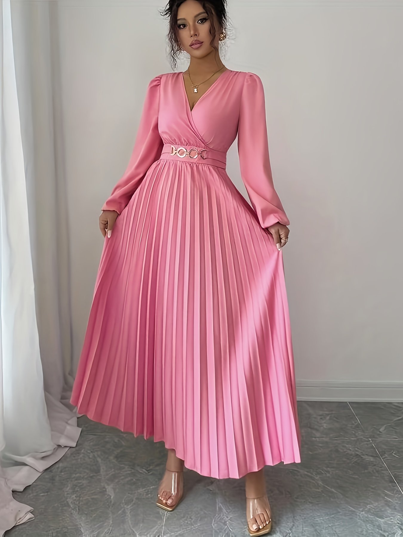 A Solid Color Pleated Dress with a V-Neck And Metal Embellishments, Featuring a Side Zipper And Gathered Design at The Waist on The Back, Perfect for Elegant Occasions Like Birthdays, Weddings, And Back-To- Season - Image 8