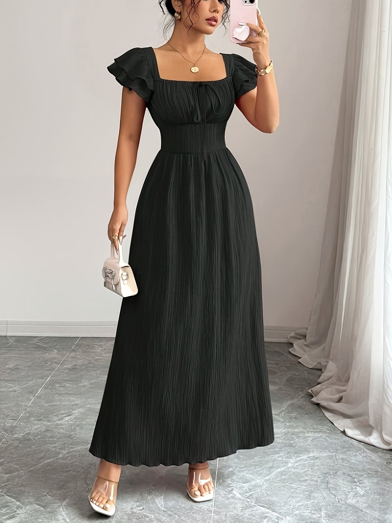 Women's Elegant Smock A-Line Maxi Dress - Square Neck Solid Color Summer Dress with Smock Detail, Machine Washable -Length Gown for Weddings, Parties & Casual Attire - Non-Stretch Elegant Special Line Dress for Women - Image 6