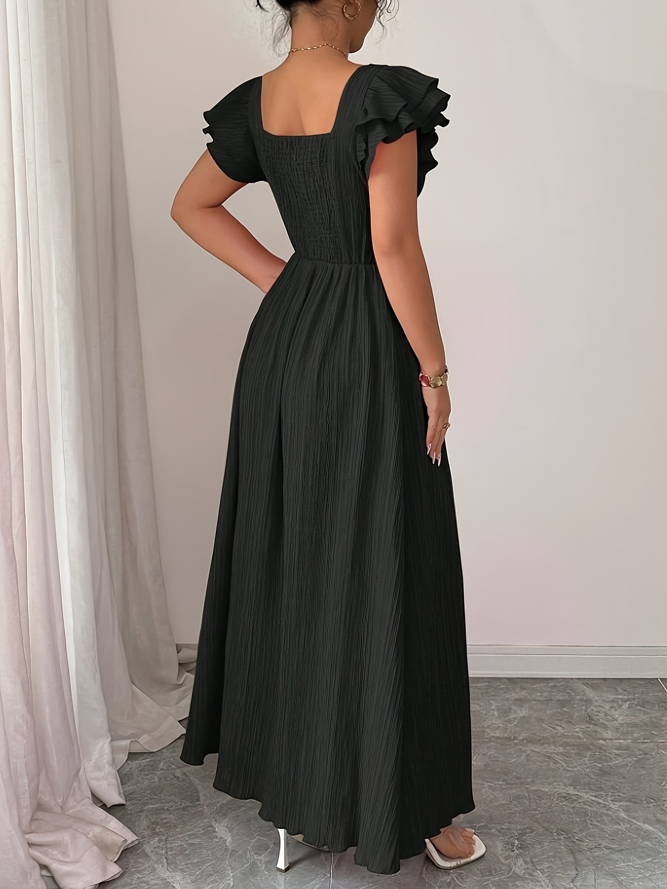 Women's Elegant Smock A-Line Maxi Dress - Square Neck Solid Color Summer Dress with Smock Detail, Machine Washable -Length Gown for Weddings, Parties & Casual Attire - Non-Stretch Elegant Special Line Dress for Women - Image 4