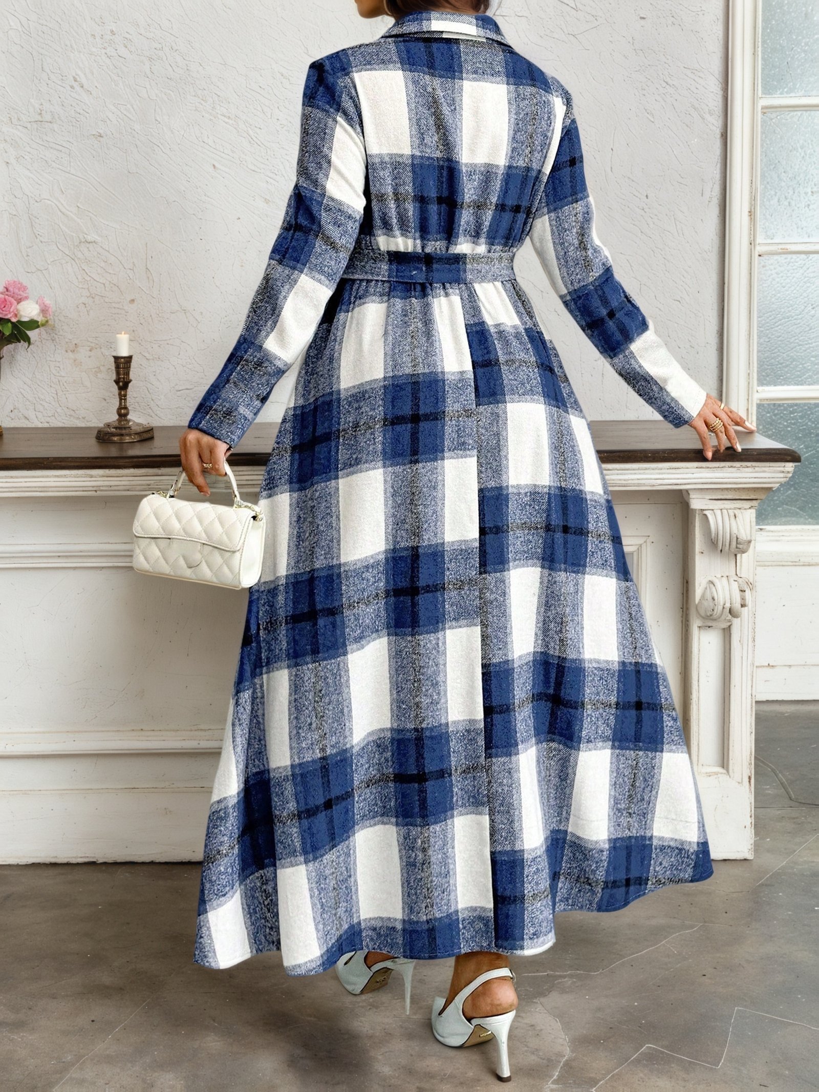 Plus Size - Plus Size - Plus-Size Women'S Elegant And Easy Checkered Long-Sleeve Dress with a Polo Collar And Waist Cinching, Perfect for Commuting - Image 3